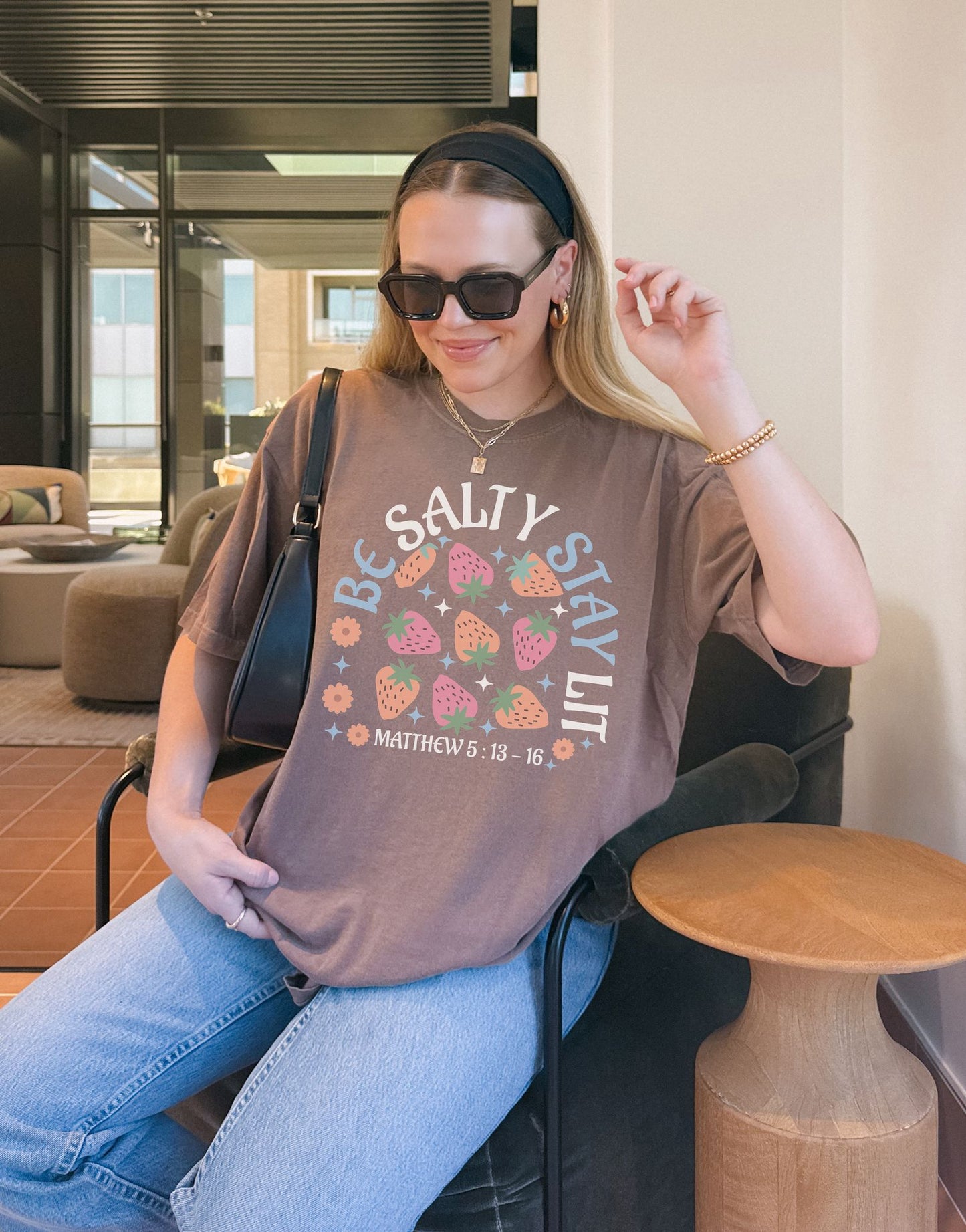 Be Salty t-shirt design with pink and orange strawberries, flowers, and Matthew 5:13-16 scripture