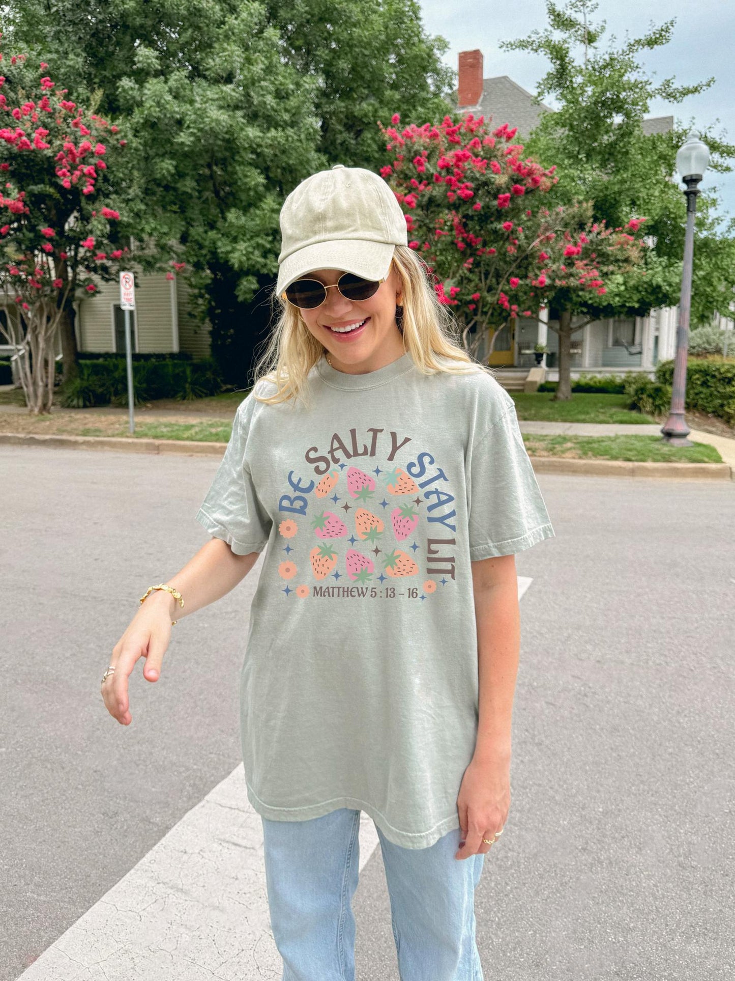 Be Salty t-shirt design with pink and orange strawberries, flowers, and Matthew 5:13-16 scripture
