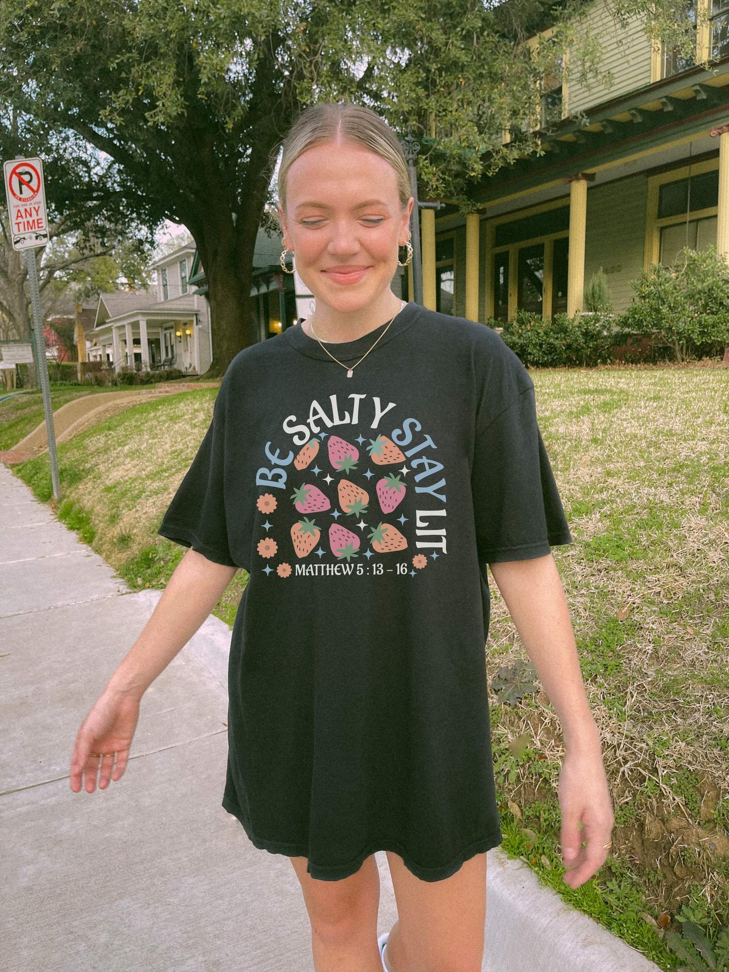 Be Salty t-shirt design with pink and orange strawberries, flowers, and Matthew 5:13-16 scripture