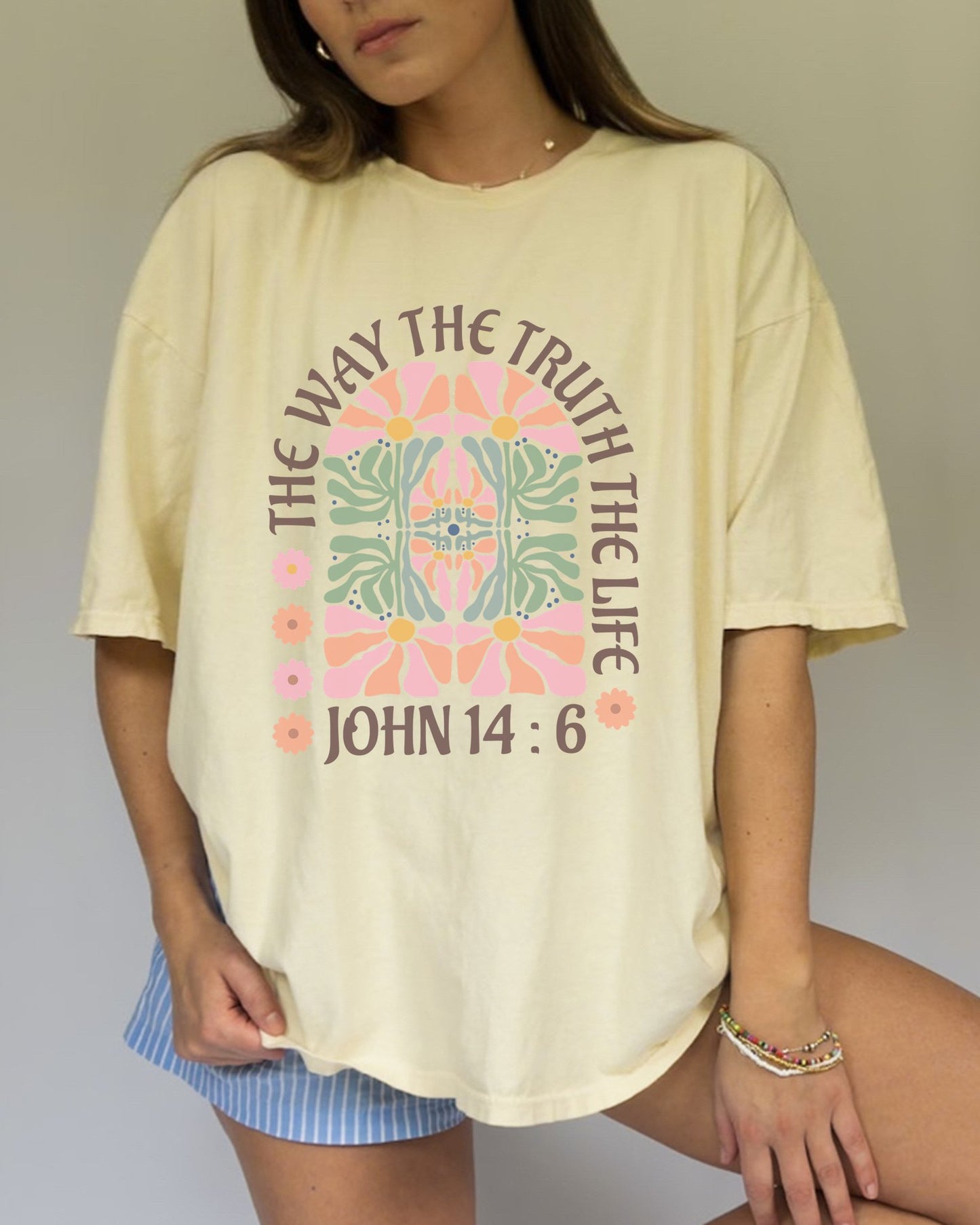 Christian t-shirt with John 14:6 verse and decorative floral mandala in pink, coral, and green