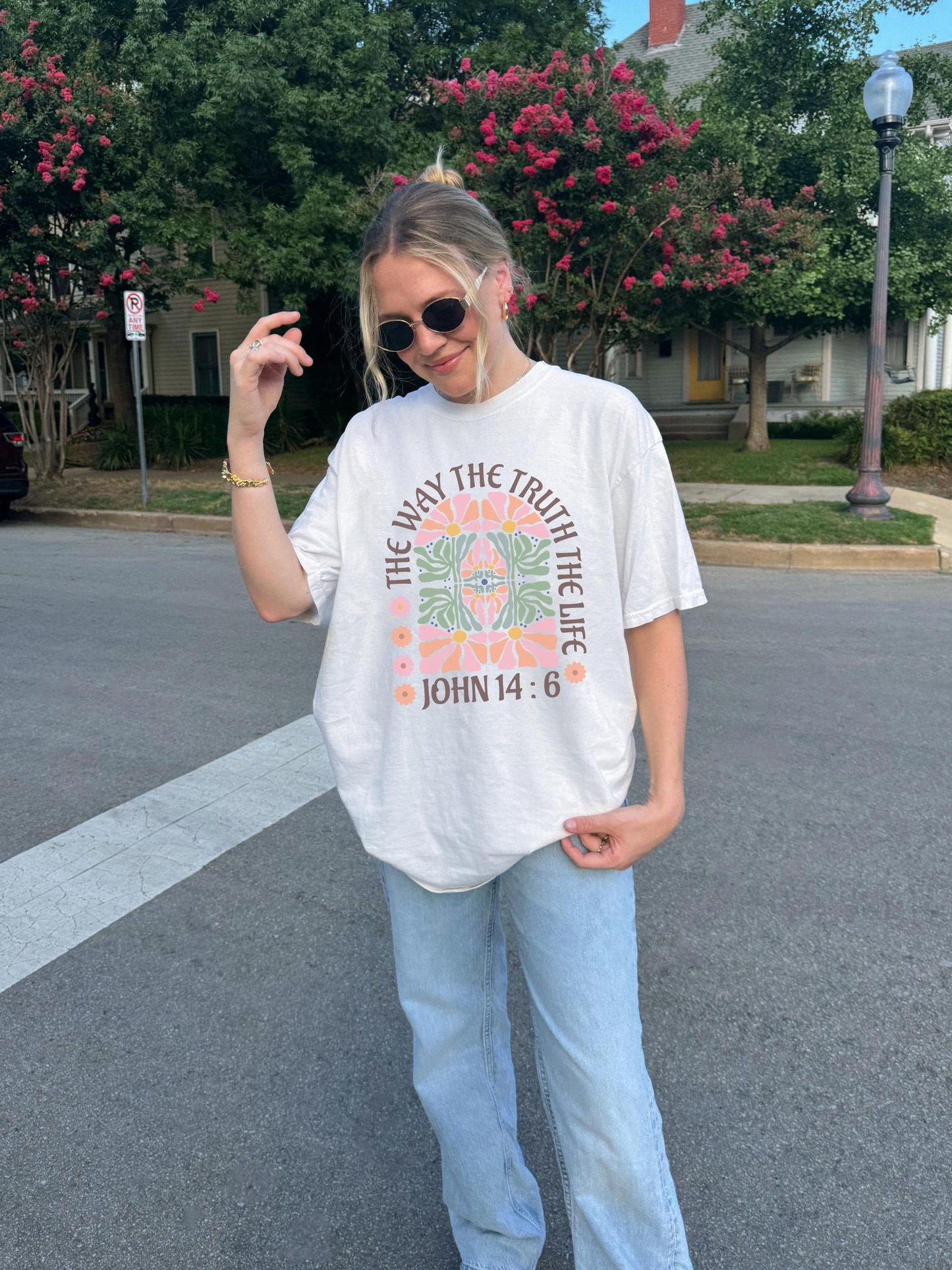 Christian t-shirt with John 14:6 verse and decorative floral mandala in pink, coral, and green