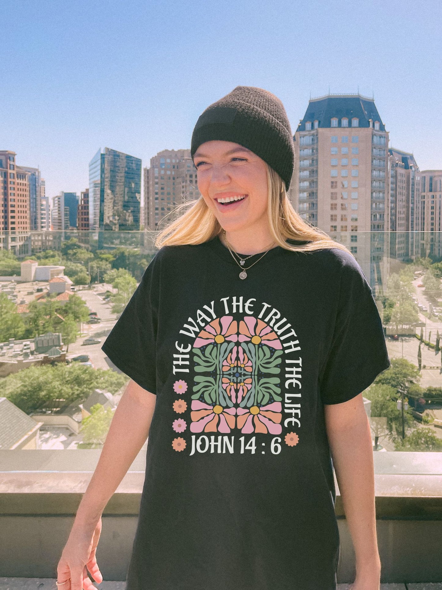 Christian t-shirt with John 14:6 verse and decorative floral mandala in pink, coral, and green