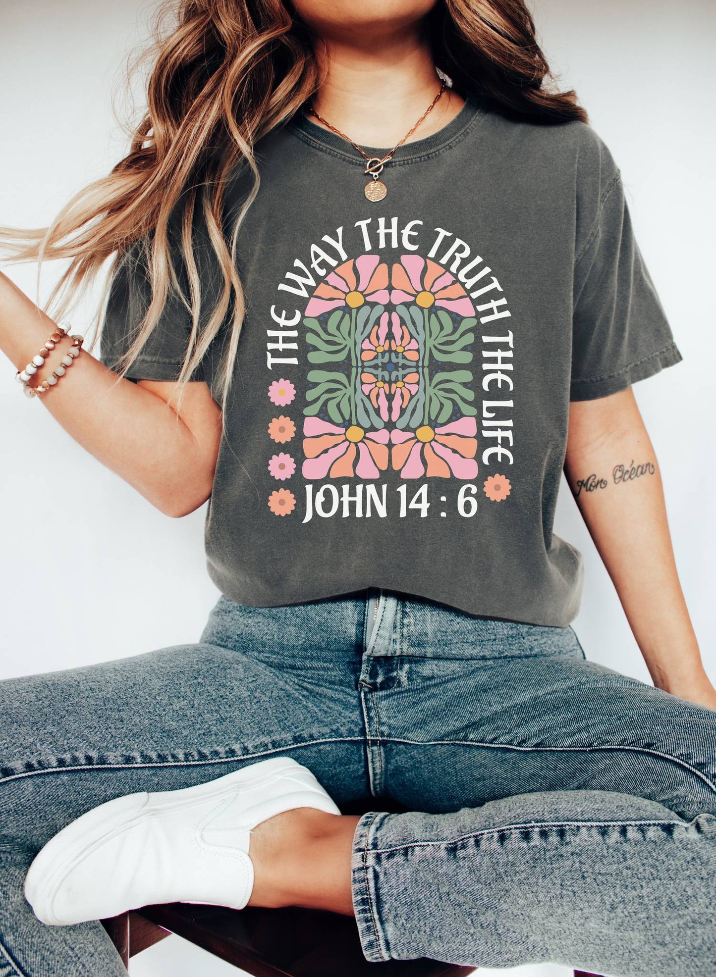 Christian t-shirt with John 14:6 verse and decorative floral mandala in pink, coral, and green