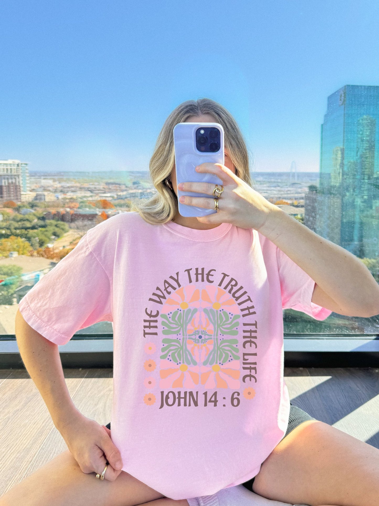 Christian t-shirt with John 14:6 verse and decorative floral mandala in pink, coral, and green
