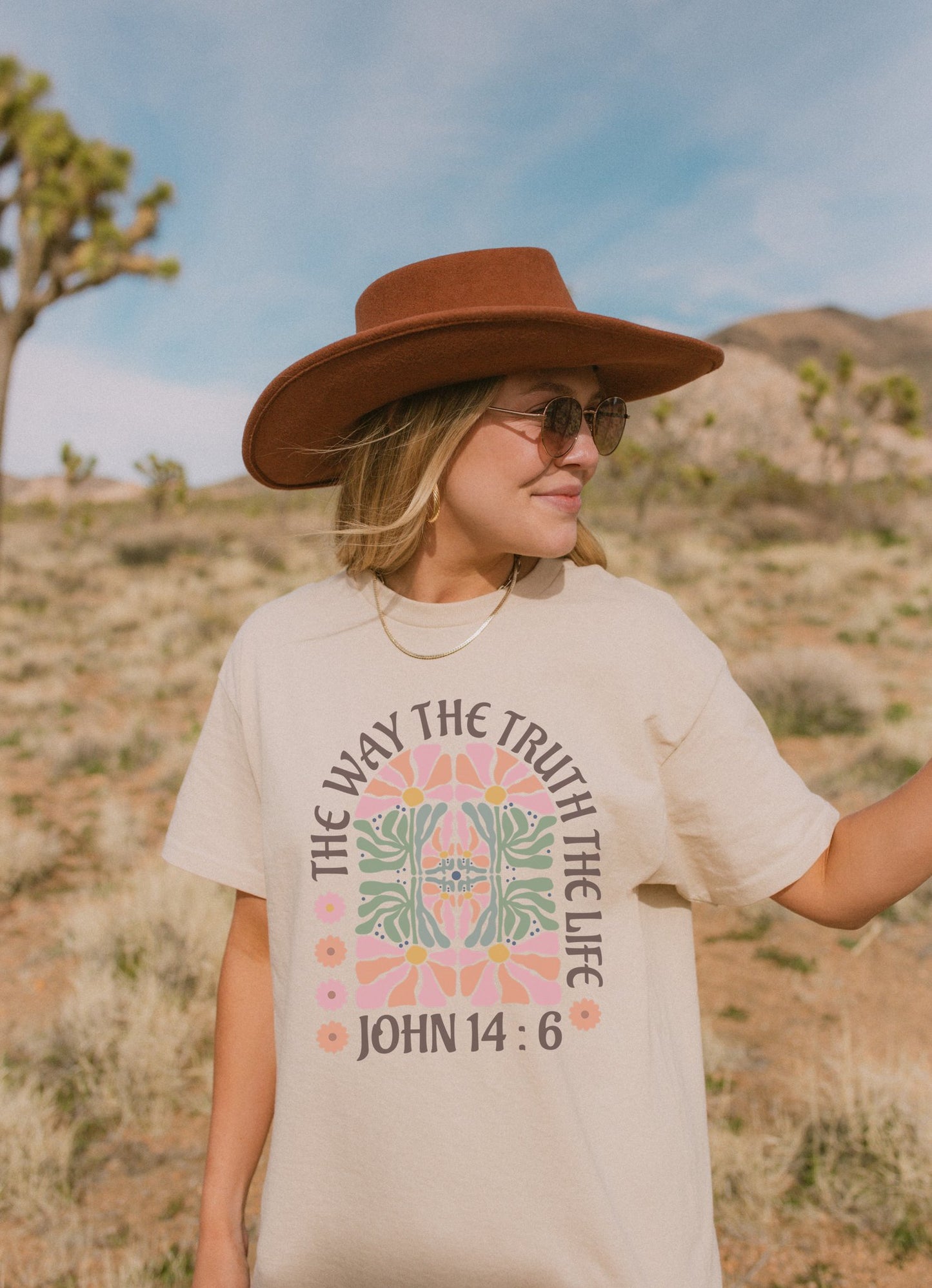 Christian t-shirt with John 14:6 verse and decorative floral mandala in pink, coral, and green