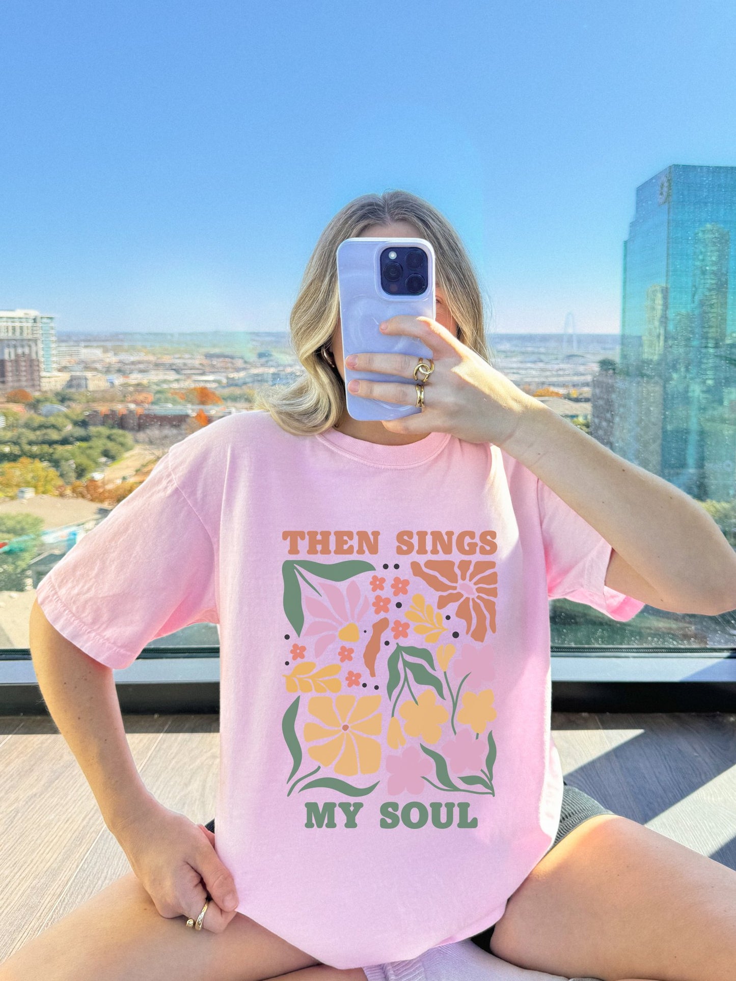 T-shirt with 'Then Sings My Soul' text and vintage floral design in coral, yellow, pink and green colors