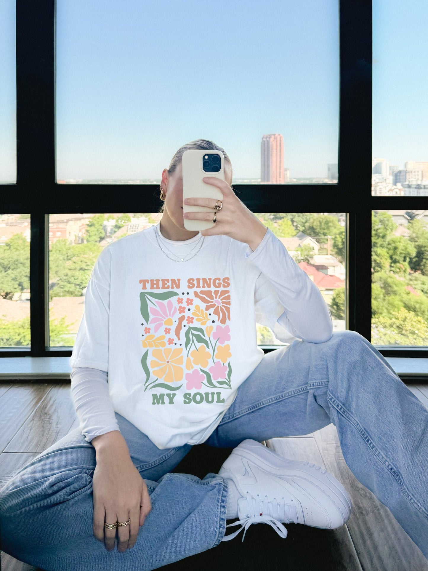 T-shirt with 'Then Sings My Soul' text and vintage floral design in coral, yellow, pink and green colors