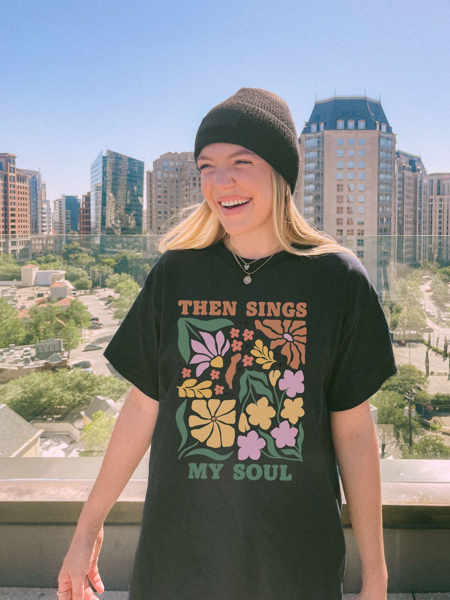 T-shirt with 'Then Sings My Soul' text and vintage floral design in coral, yellow, pink and green colors