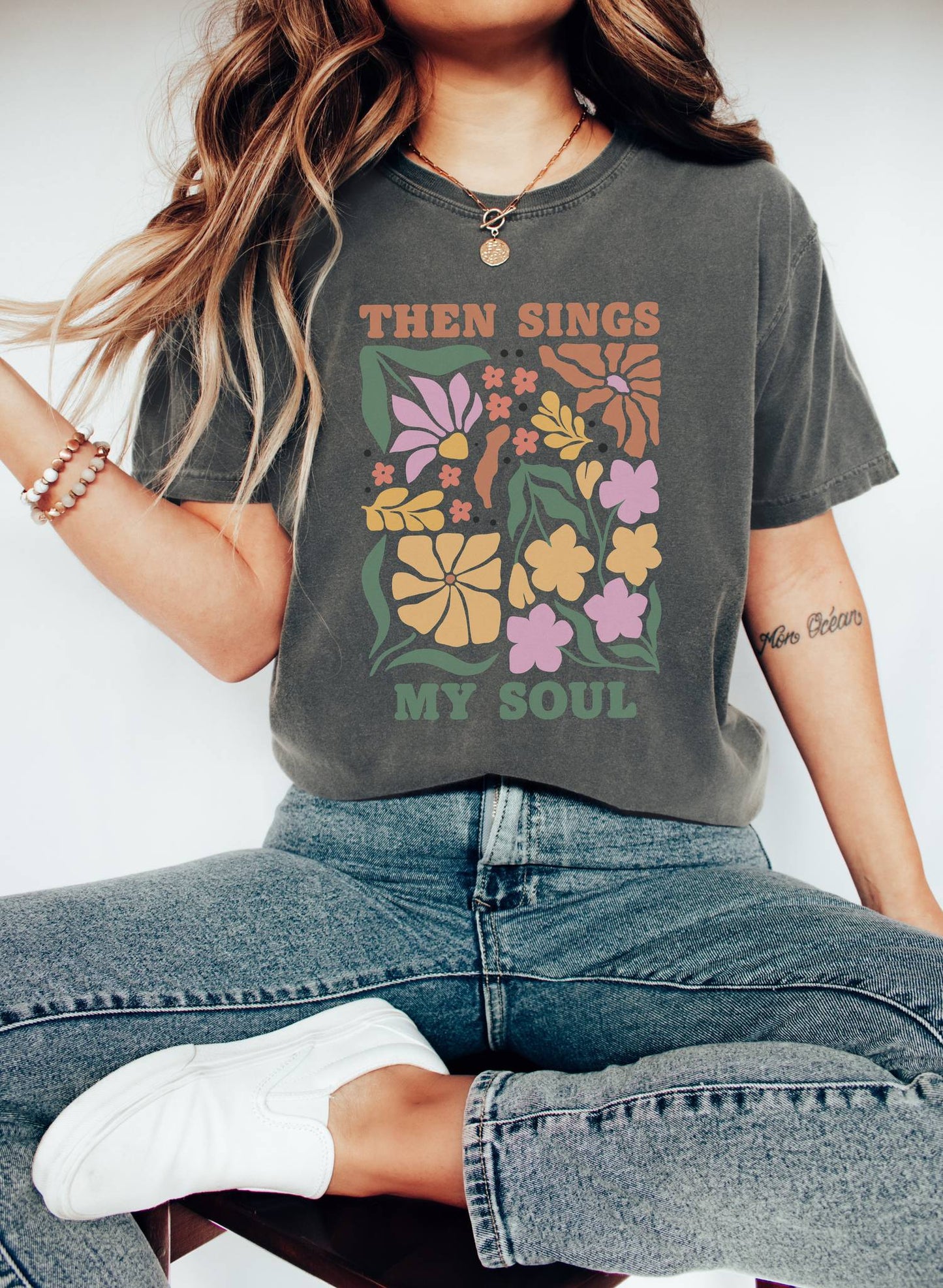 T-shirt with 'Then Sings My Soul' text and vintage floral design in coral, yellow, pink and green colors