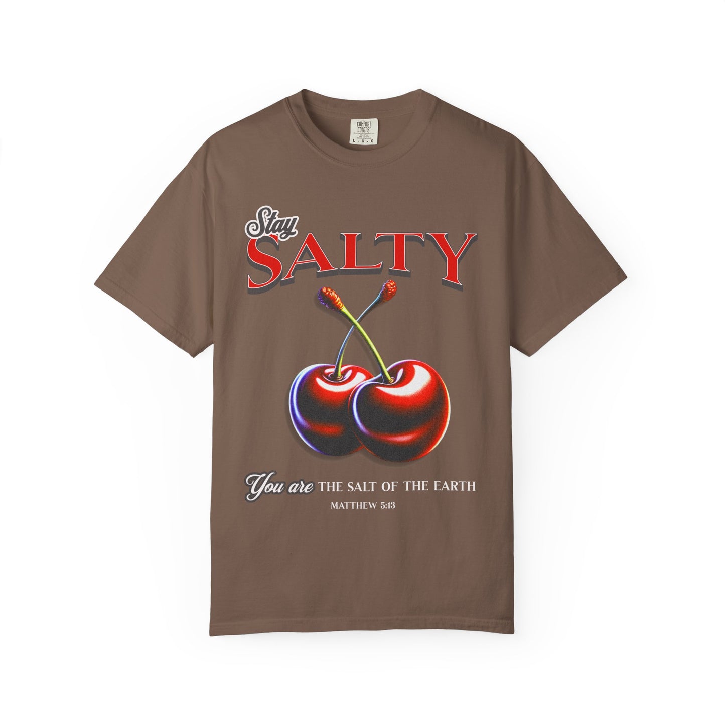 T-shirt with retro Stay Salty text and vintage cherry design featuring Matthew 5:13 scripture