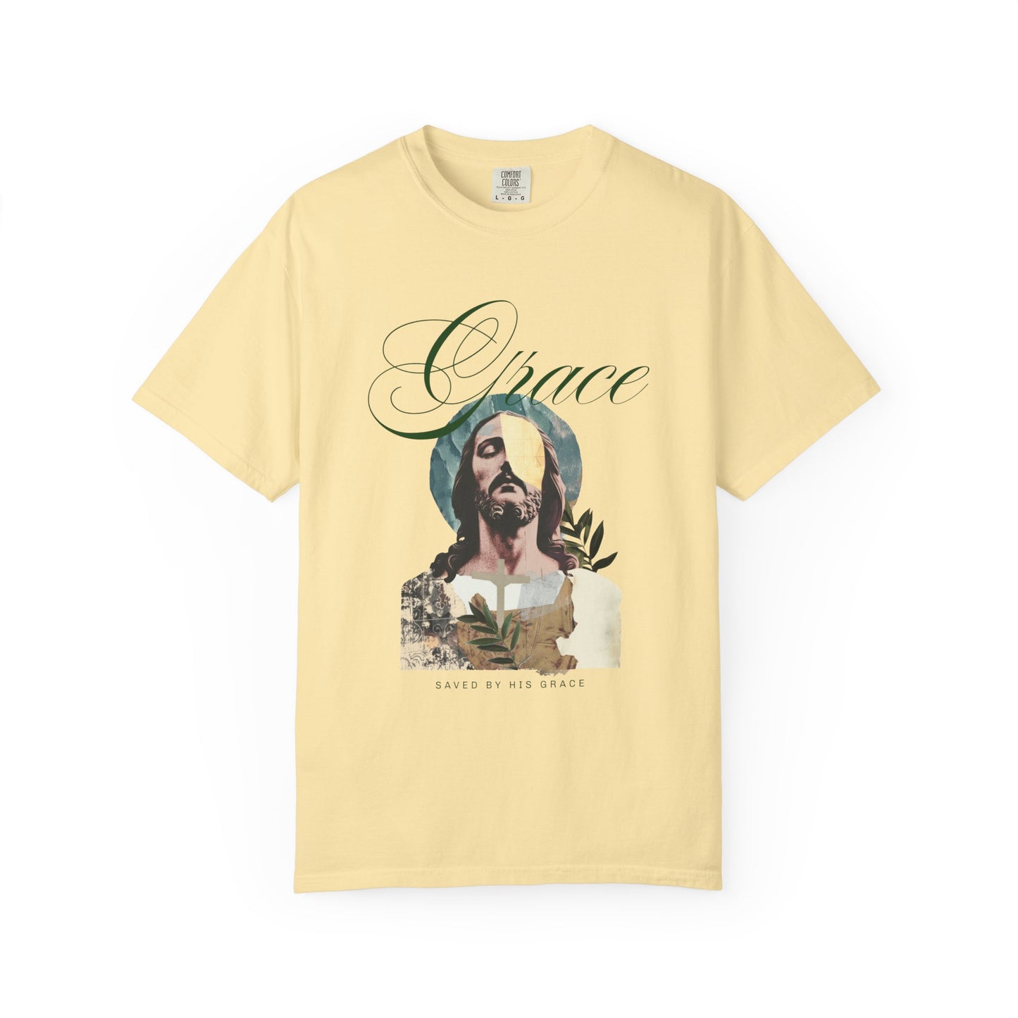 Christian t-shirt featuring artistic Jesus portrait with Grace text and cross design in vintage style