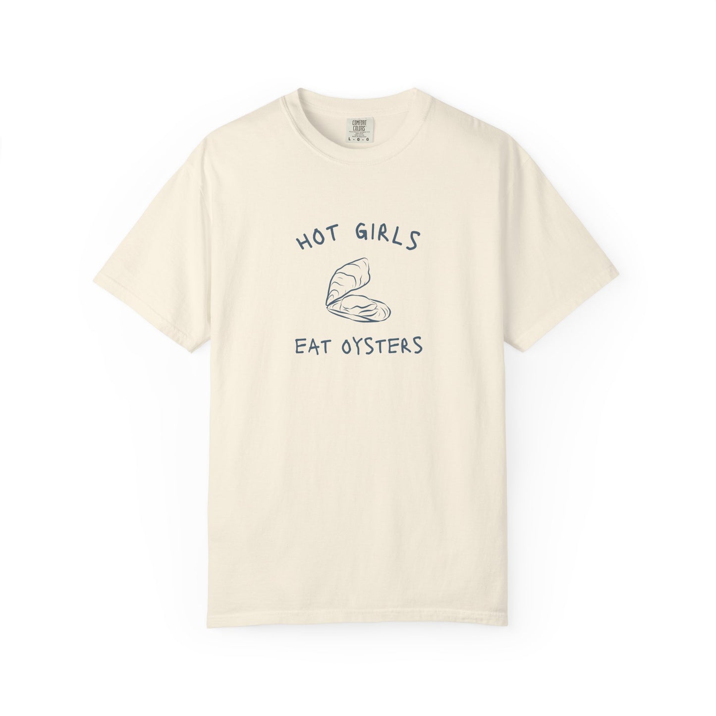 T-shirt with 'Hot Girls Eat Oysters' text and minimalist oyster shell illustration in blue tones