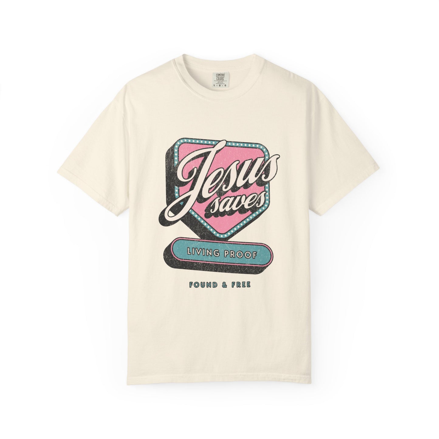 T-shirt with retro Jesus Saves design in pink and blue with distressed vintage styling