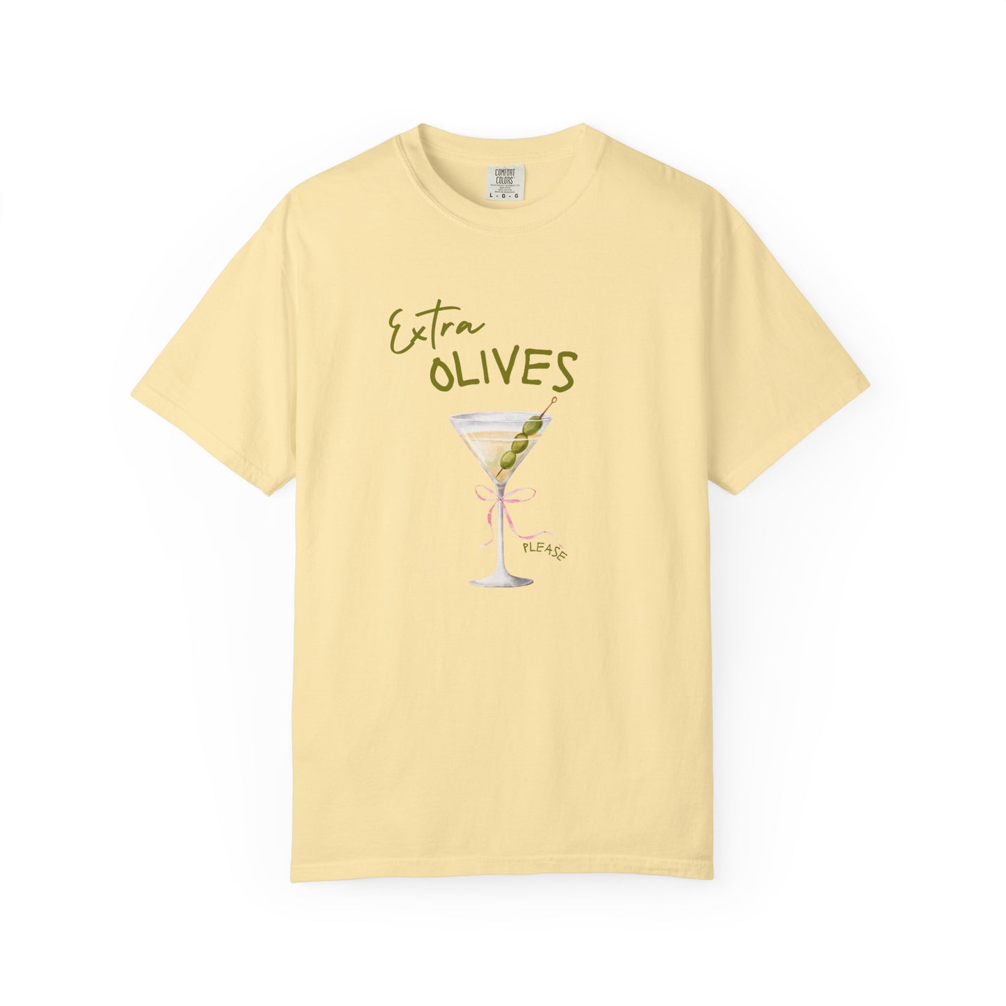T-shirt design with martini glass, green olives, and pink bow saying Extra Olives Please