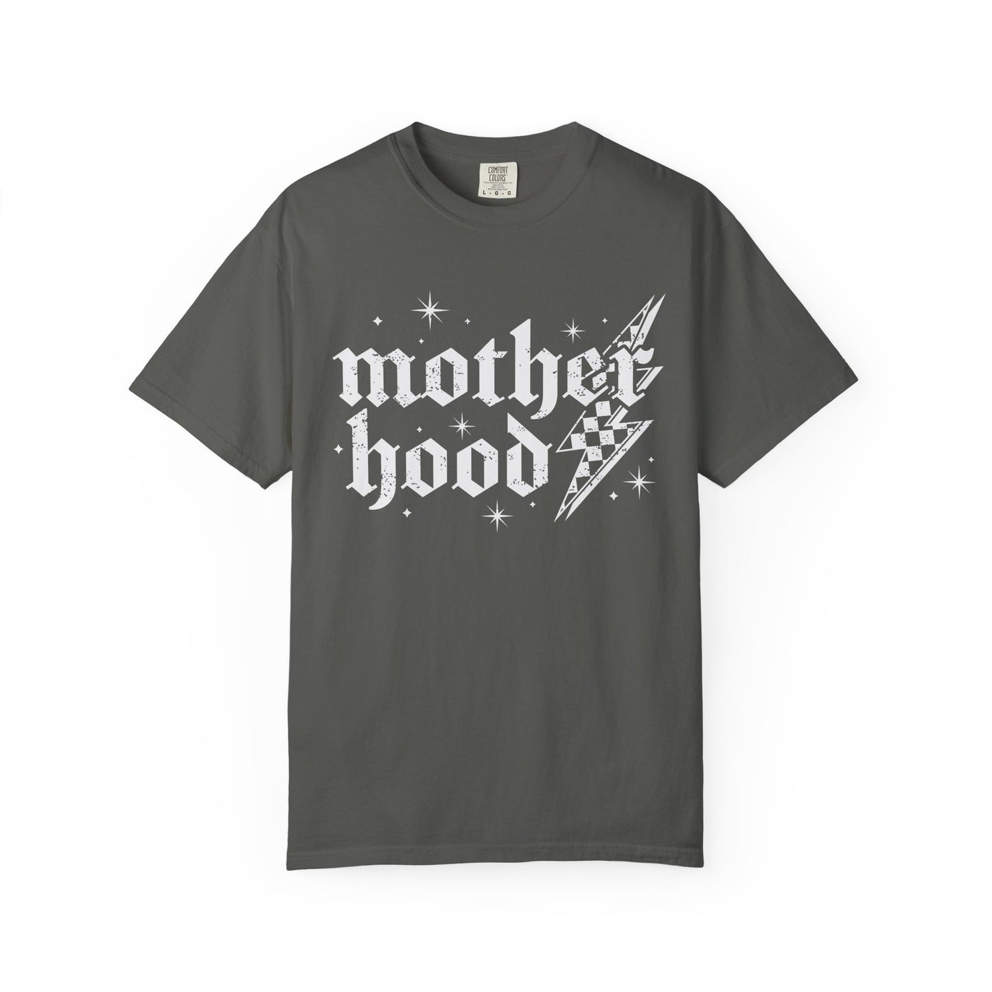 T-shirt with gothic Mother Hood text, lightning bolt graphics, and checkerboard pattern elements