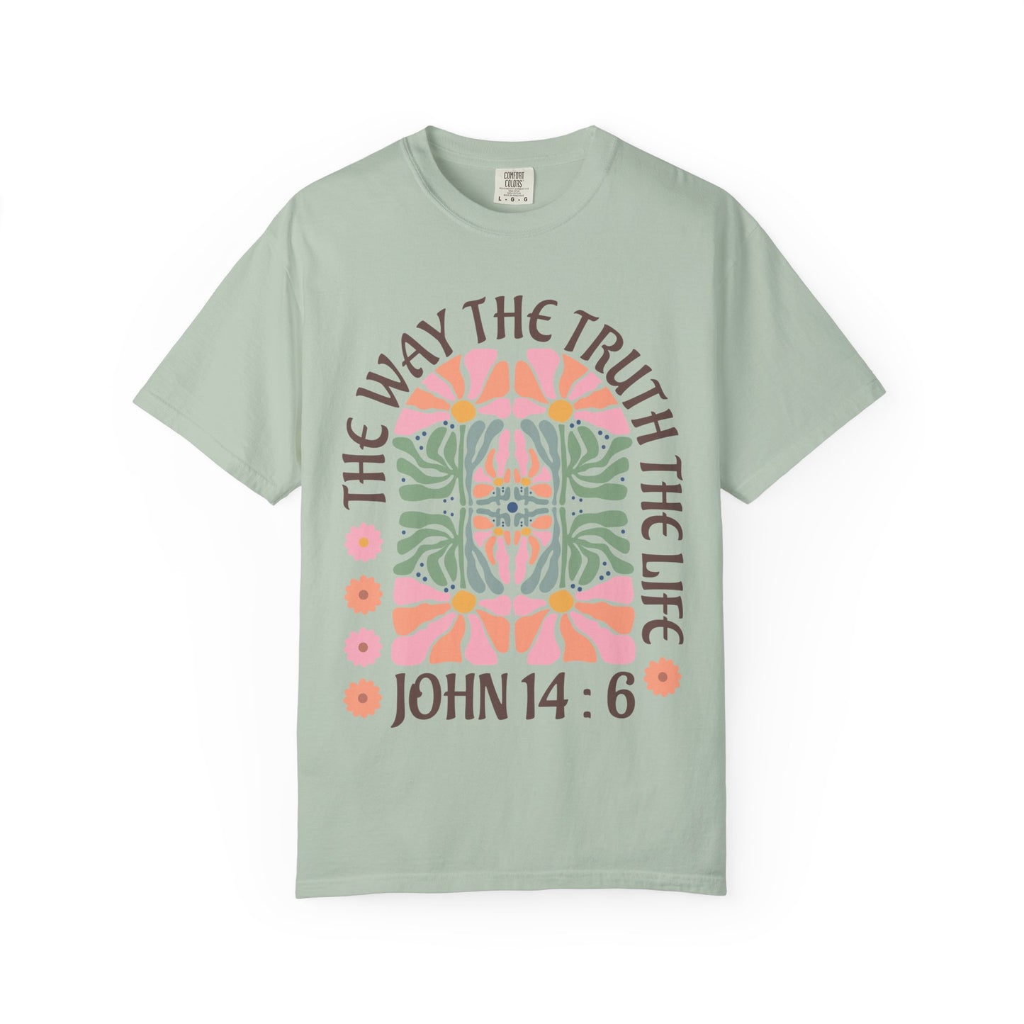 Christian t-shirt with John 14:6 verse and decorative floral mandala in pink, coral, and green