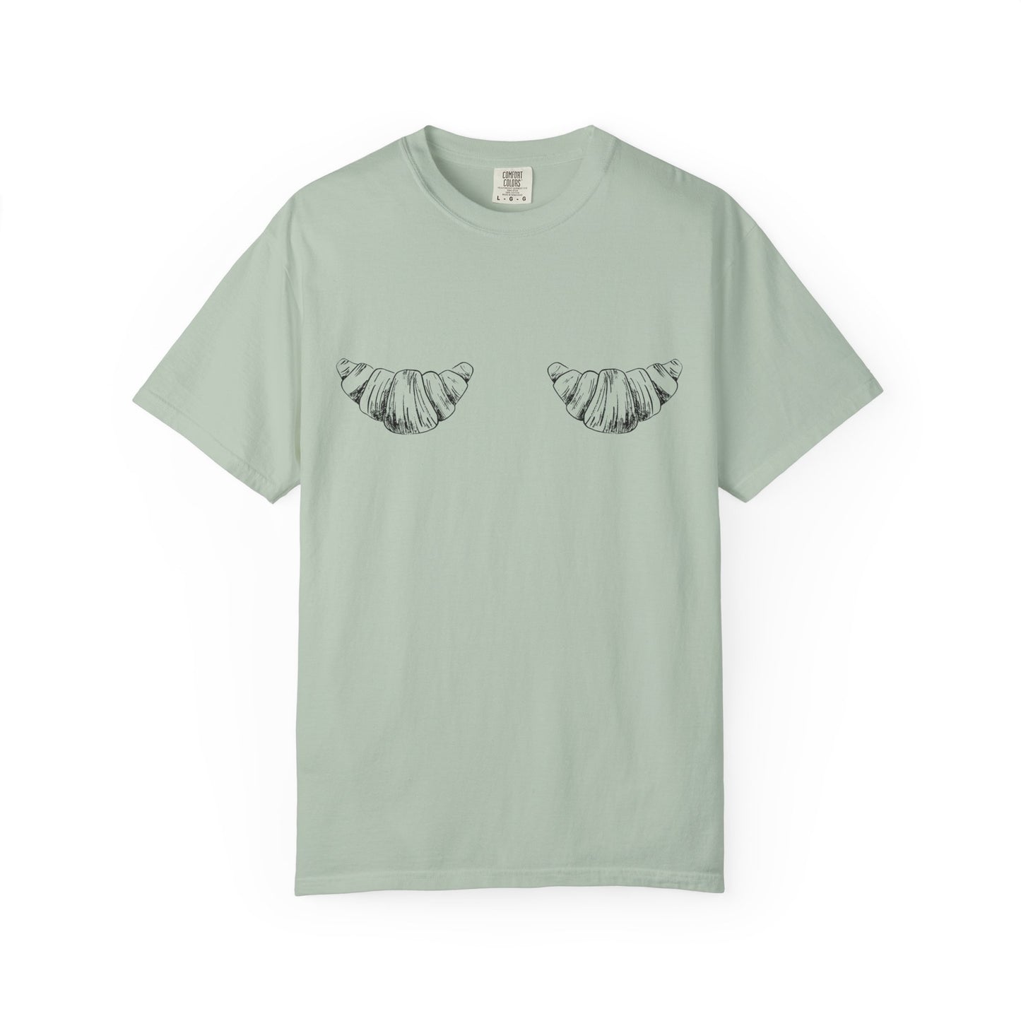 T-shirt with black and white hand-drawn croissant illustrations in vintage sketch style