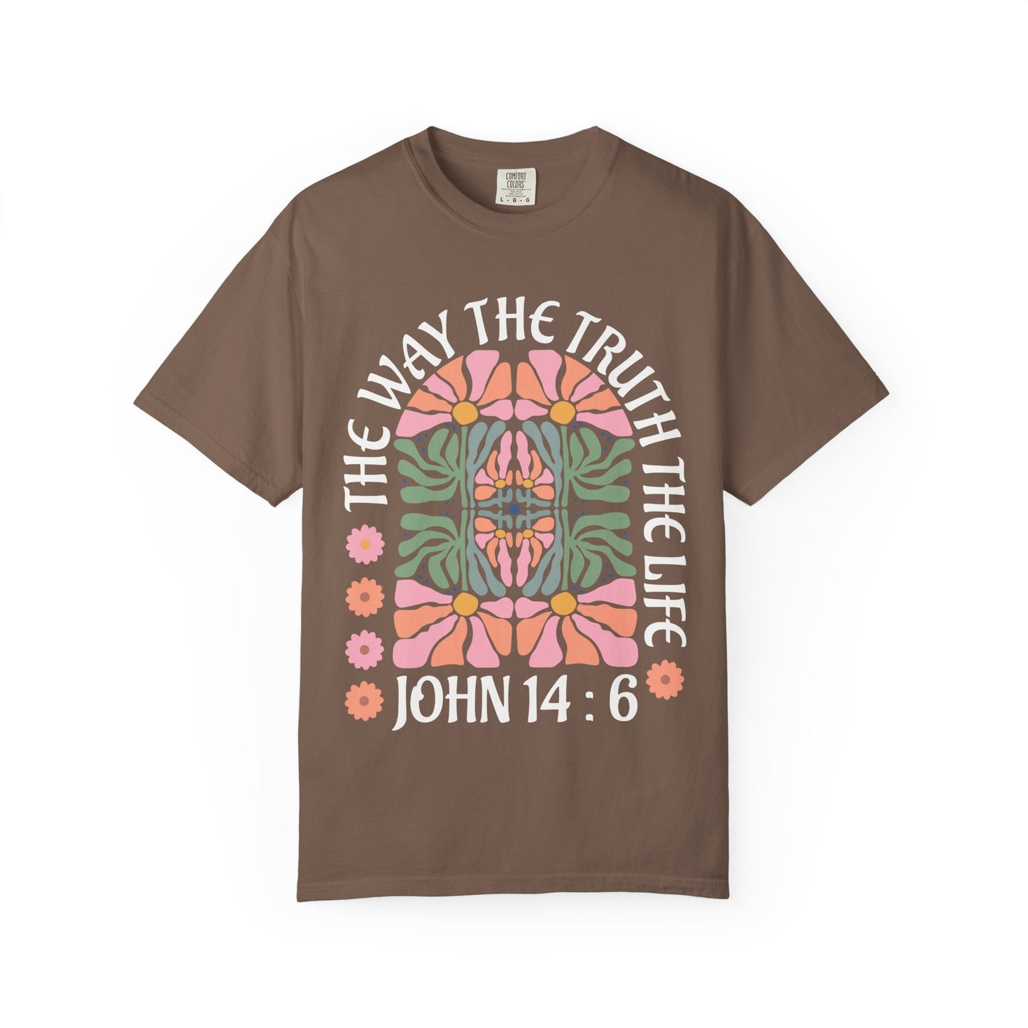 Christian t-shirt with John 14:6 verse and decorative floral mandala in pink, coral, and green