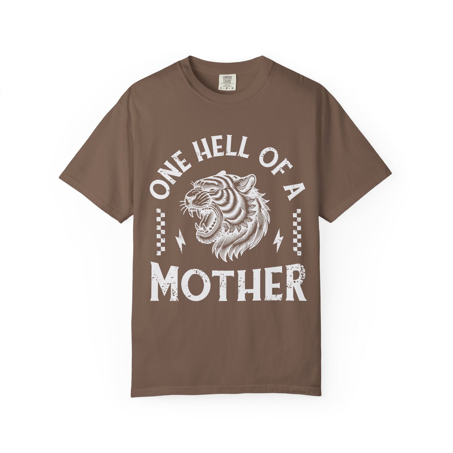 Black and white t-shirt with roaring tiger head and 'One Hell Of A Mother' text in distressed lettering