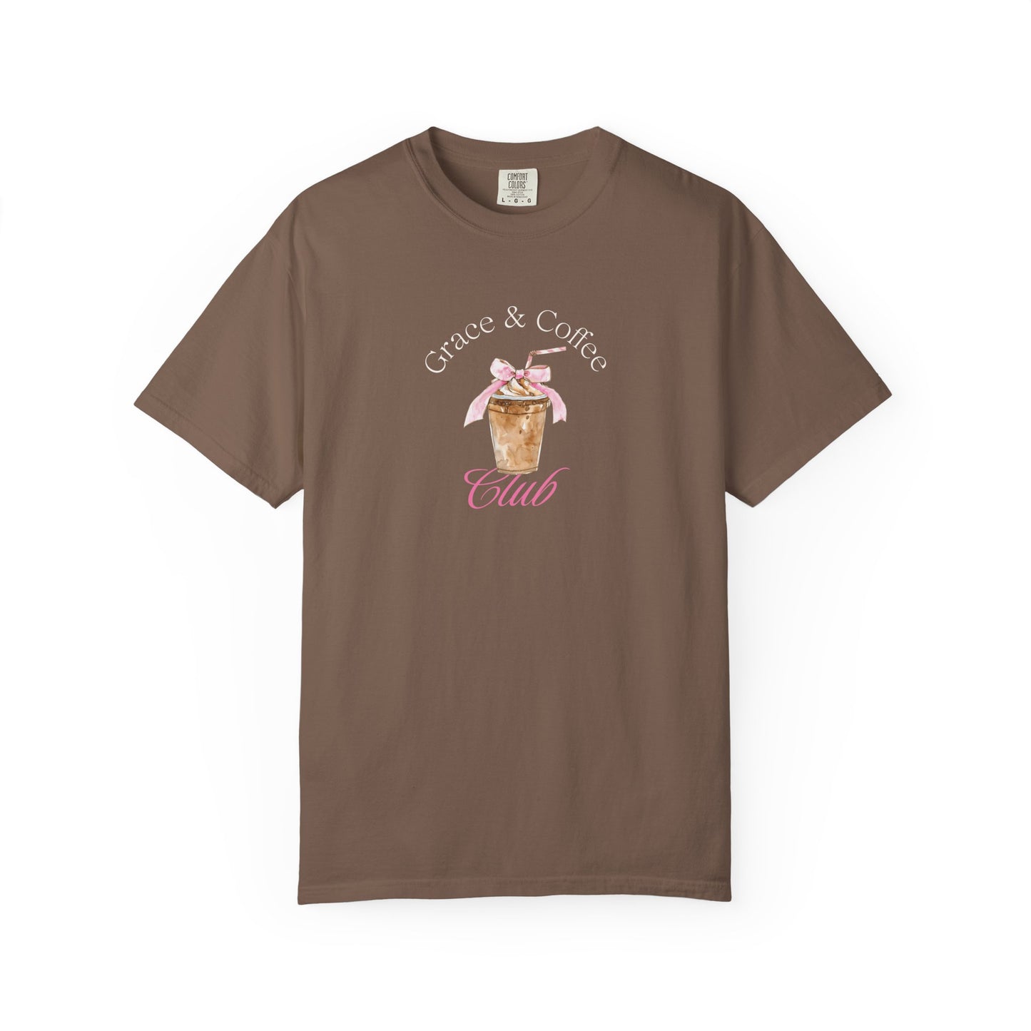 T-shirt with watercolor coffee cup design featuring pink bow and Grace & Coffee Club text