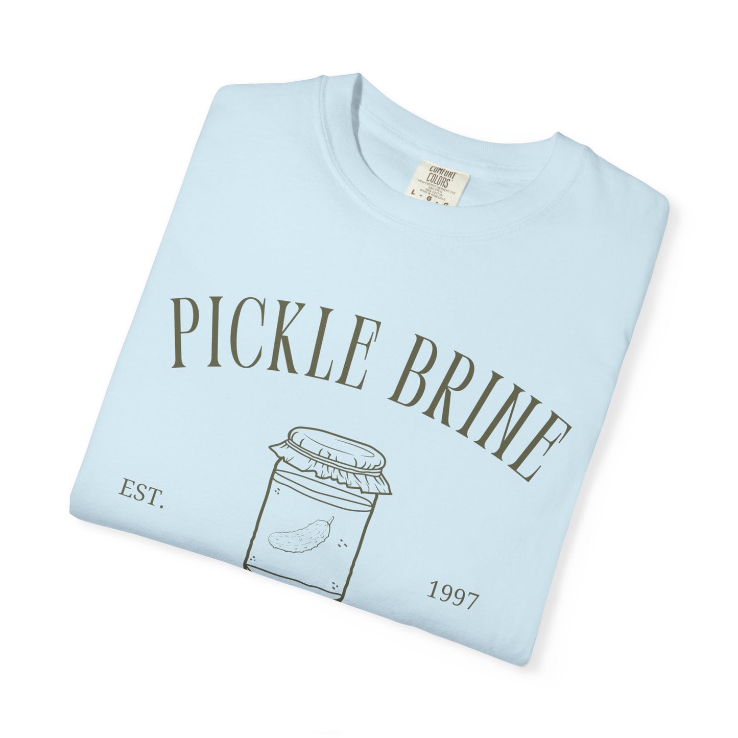 T-shirt with vintage pickle brine social club design featuring mason jar with pickle illustration