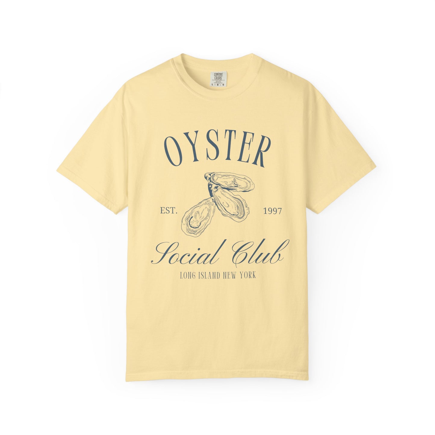 T-shirt with vintage oyster social club design featuring three detailed oyster illustrations