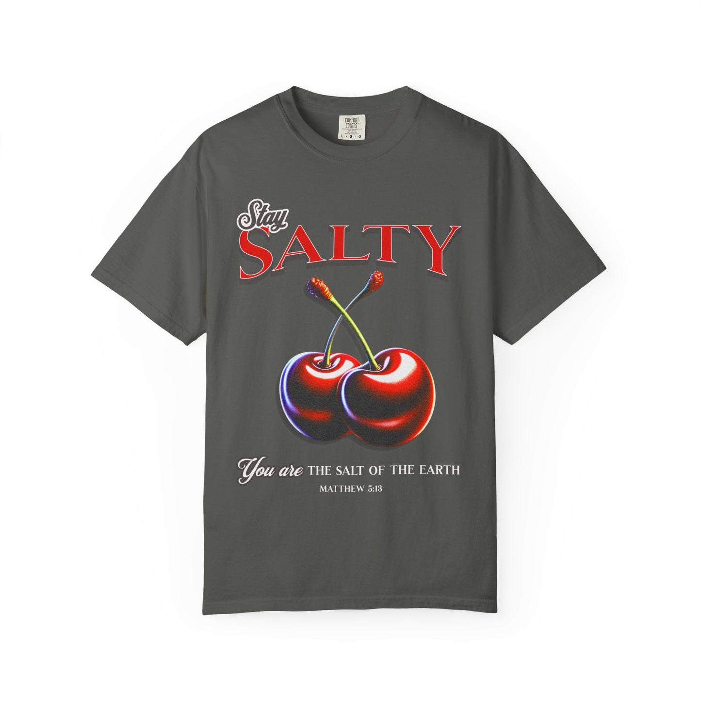 T-shirt with retro Stay Salty text and vintage cherry design featuring Matthew 5:13 scripture