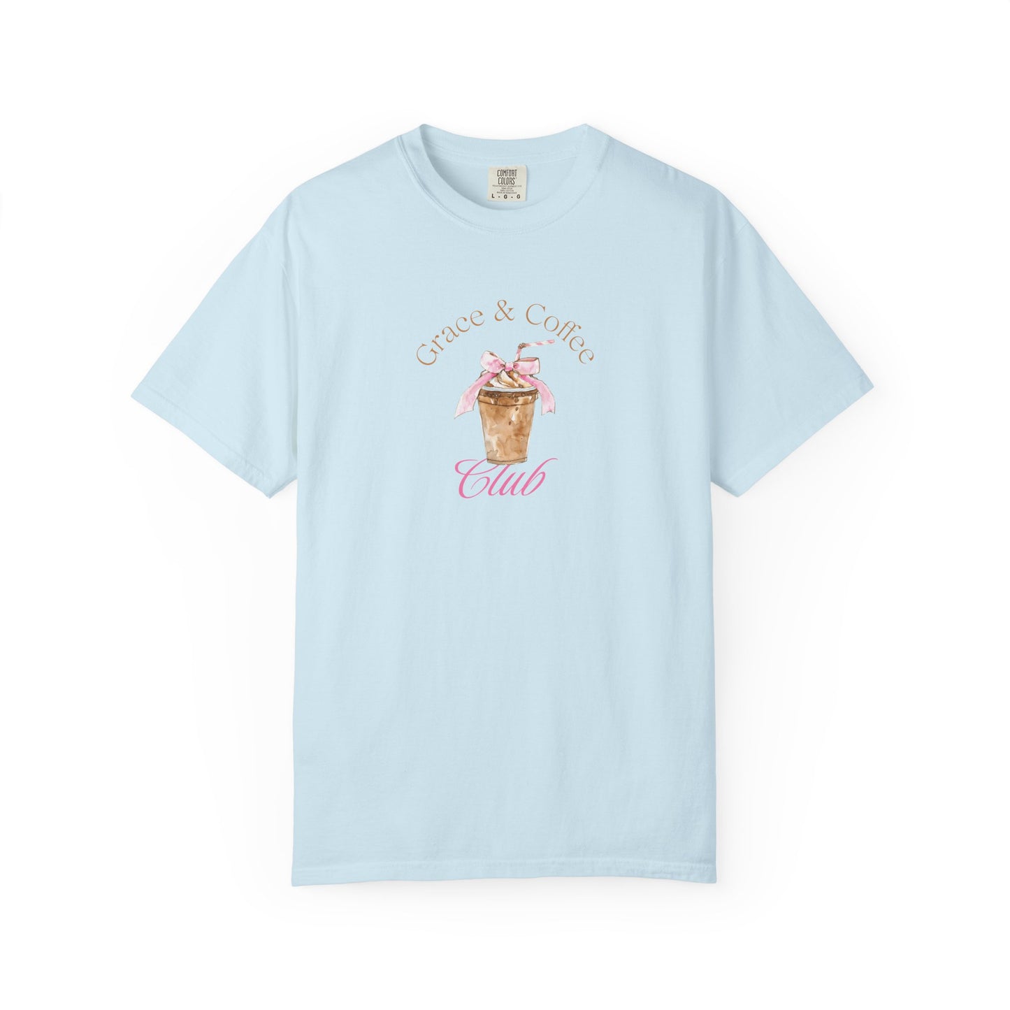 T-shirt with watercolor coffee cup design featuring pink bow and Grace & Coffee Club text
