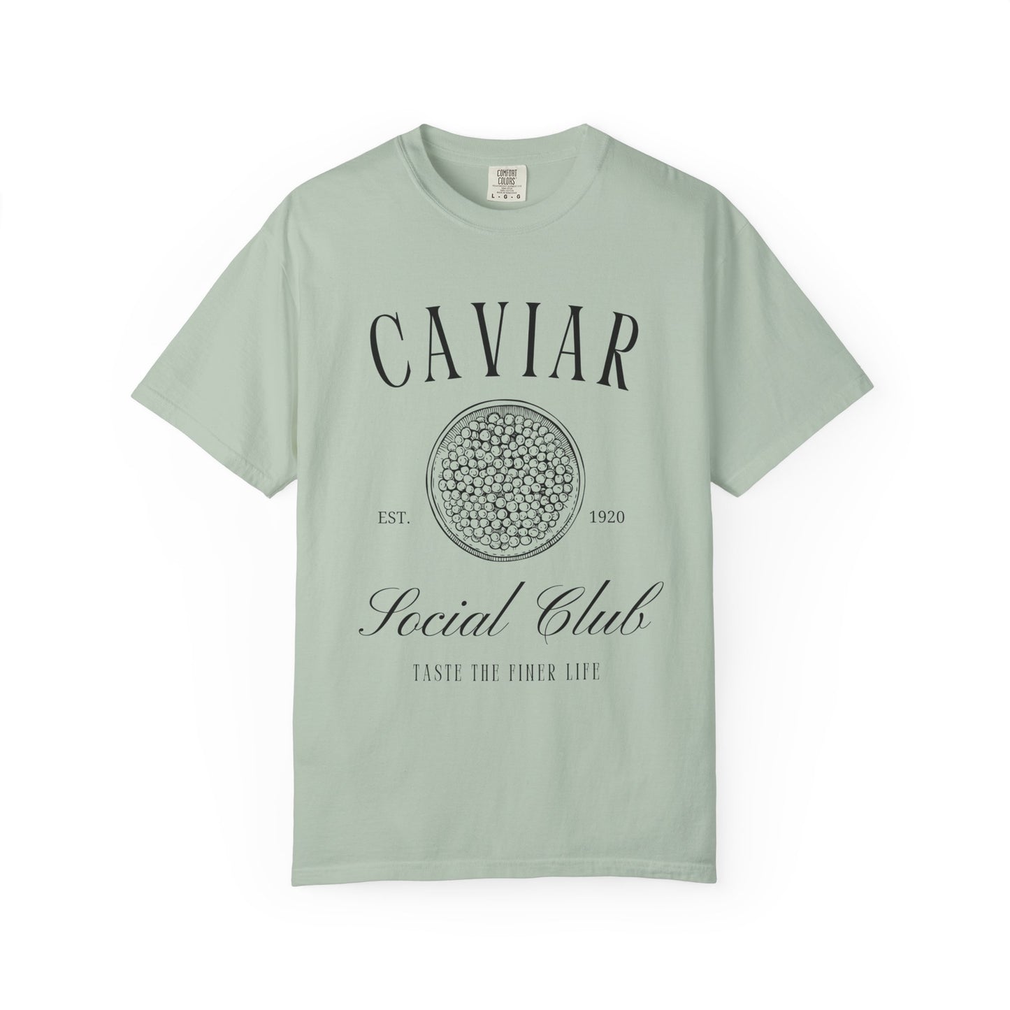 T-shirt with vintage caviar social club logo featuring caviar tin graphic and elegant typography