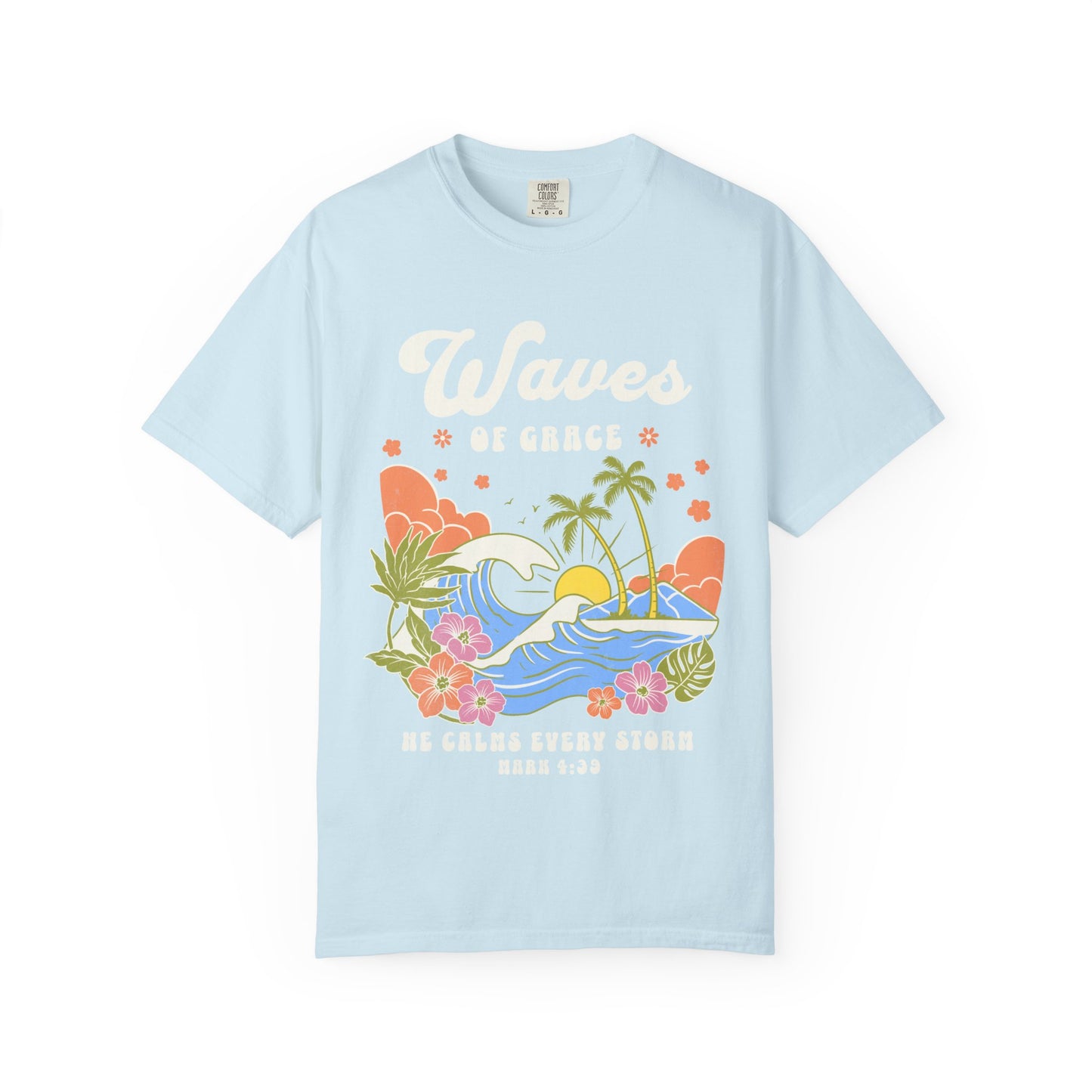 T-shirt with tropical ocean waves, palm trees, hibiscus flowers and 'Waves of Grace' scripture design