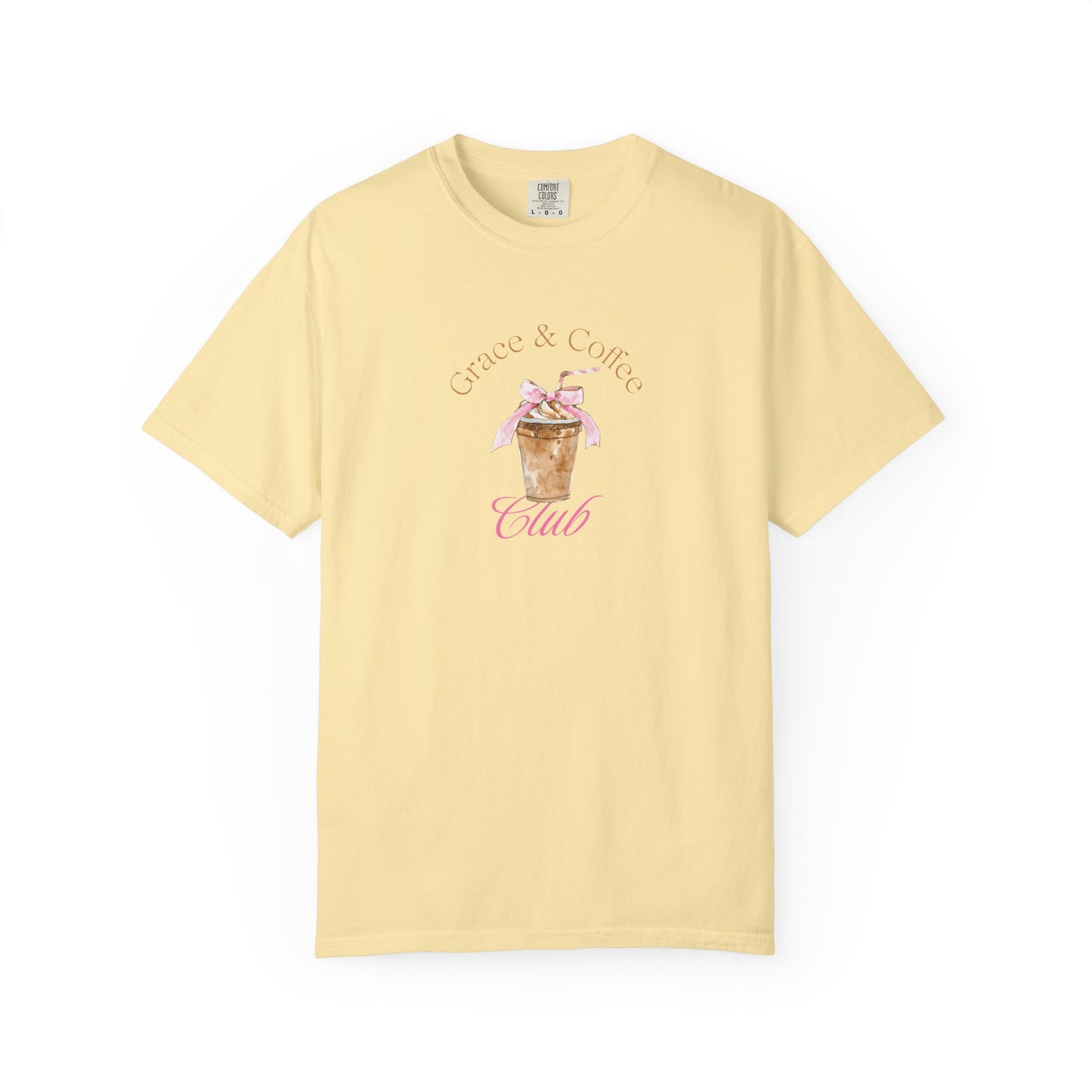 T-shirt with watercolor coffee cup design featuring pink bow and Grace & Coffee Club text