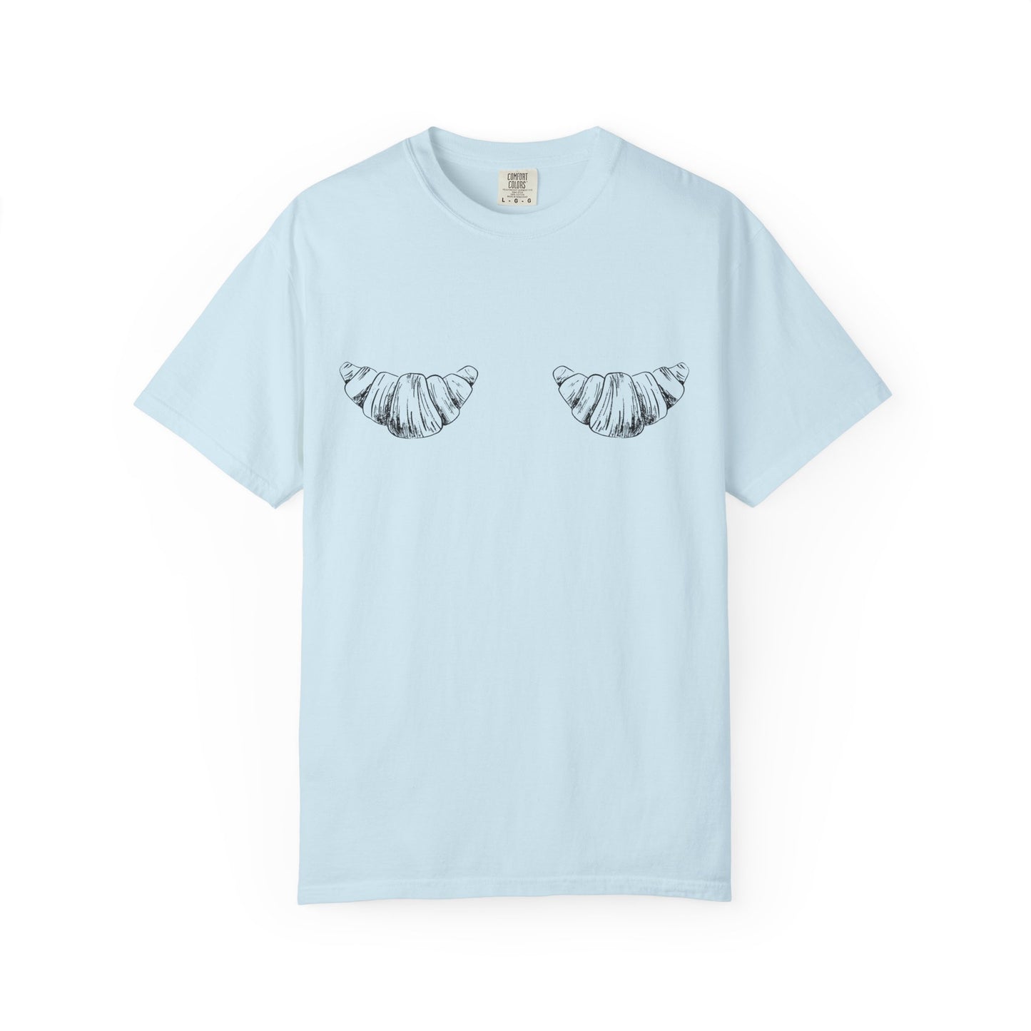T-shirt with black and white hand-drawn croissant illustrations in vintage sketch style