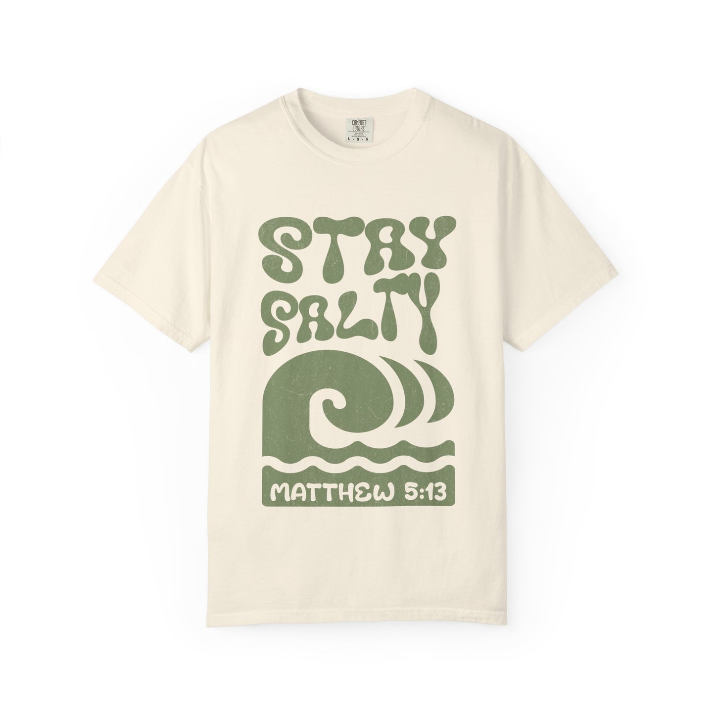 Stay Salty Matthew 5:13 t-shirt with retro wave design in sage green christian graphic