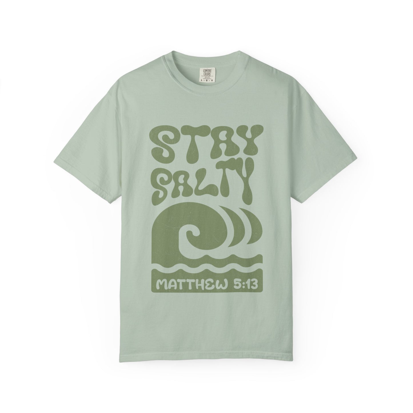 Stay Salty Matthew 5:13 t-shirt with retro wave design in sage green christian graphic