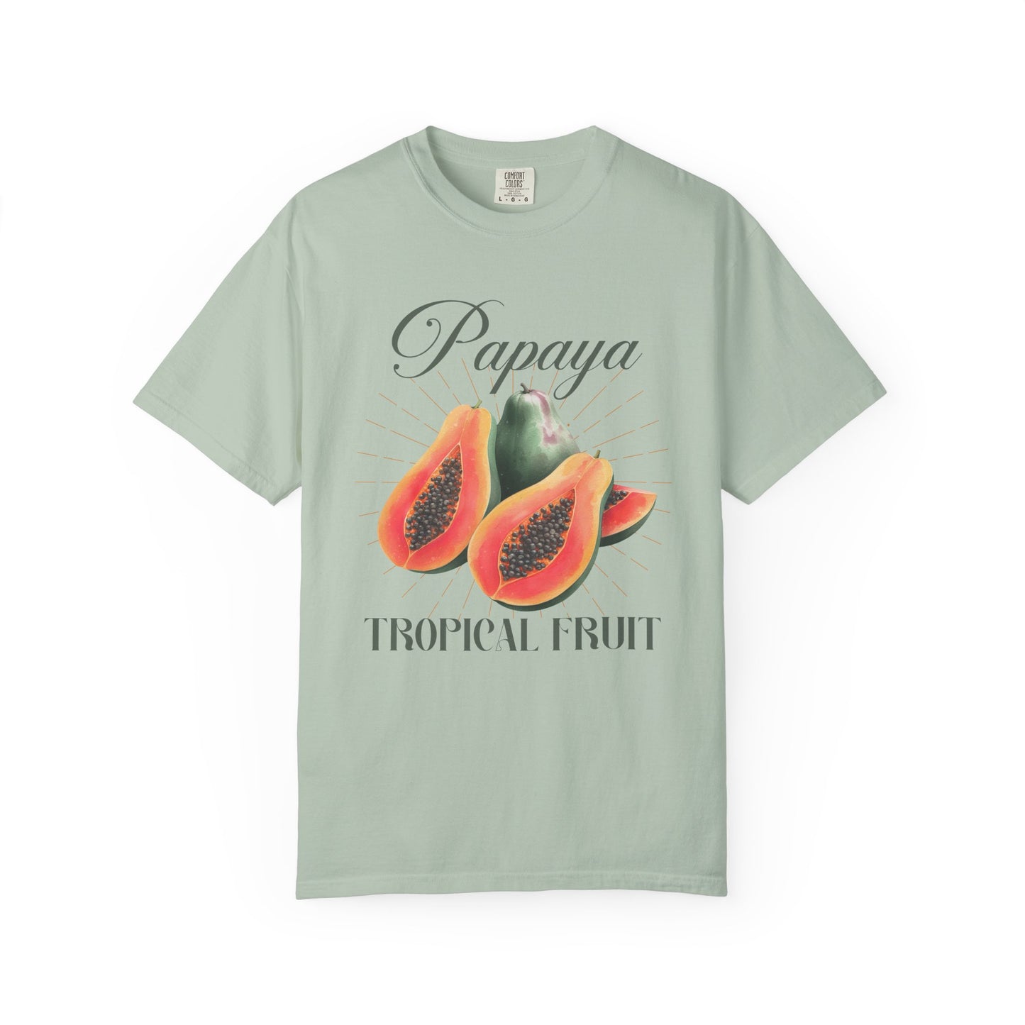 T-shirt featuring watercolor papaya fruits with golden sunburst rays and elegant Papaya script text