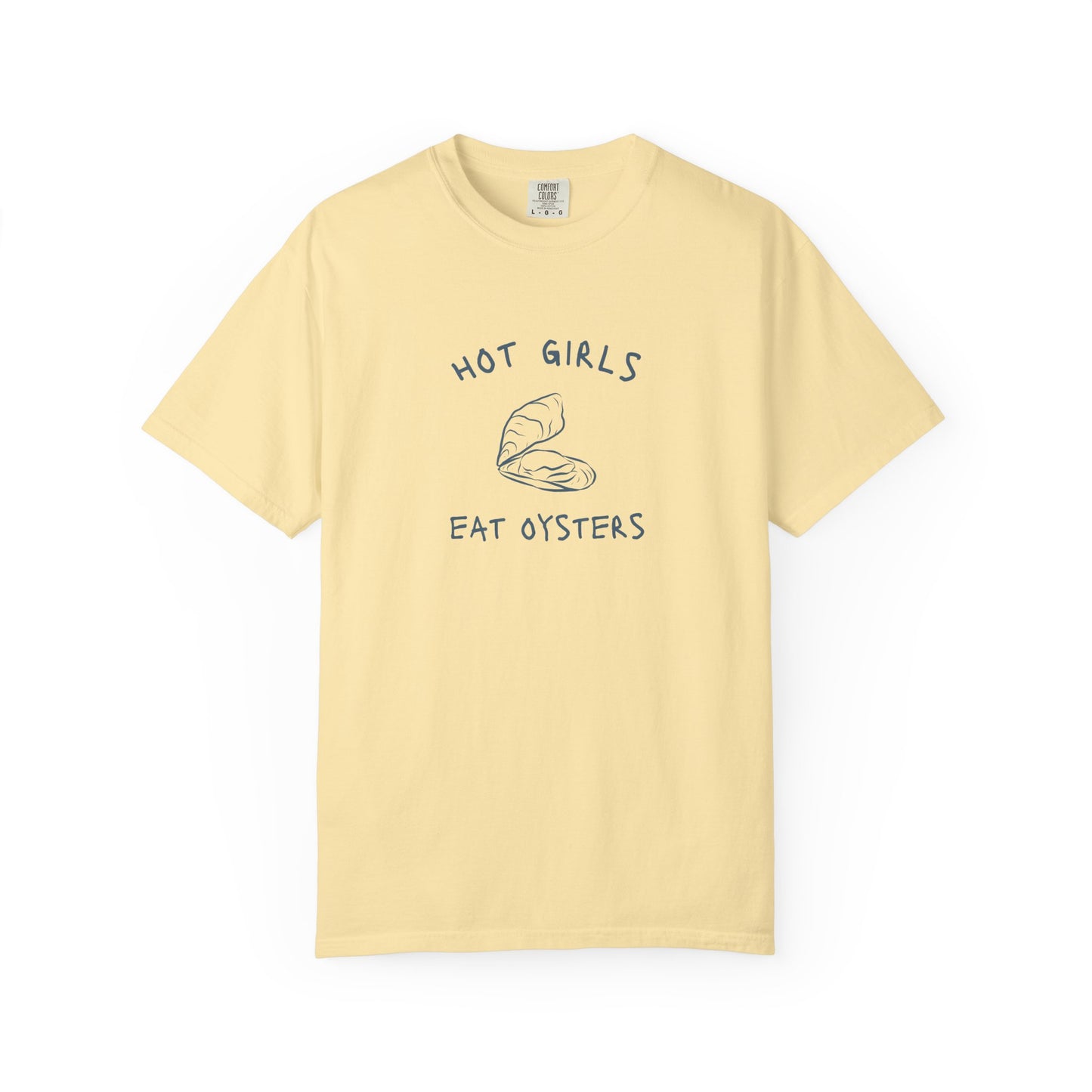 T-shirt with 'Hot Girls Eat Oysters' text and minimalist oyster shell illustration in blue tones