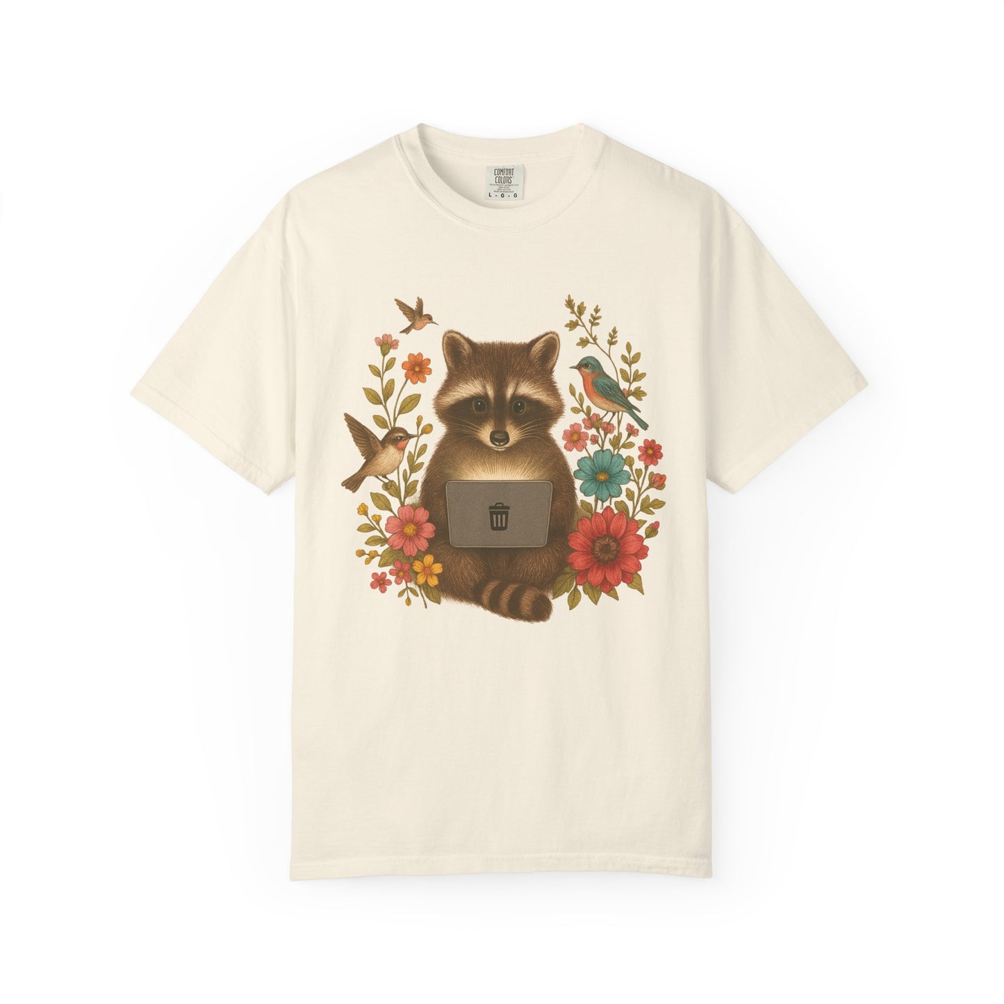 T-shirt with vintage-style raccoon illustration surrounded by colorful wildflowers and birds