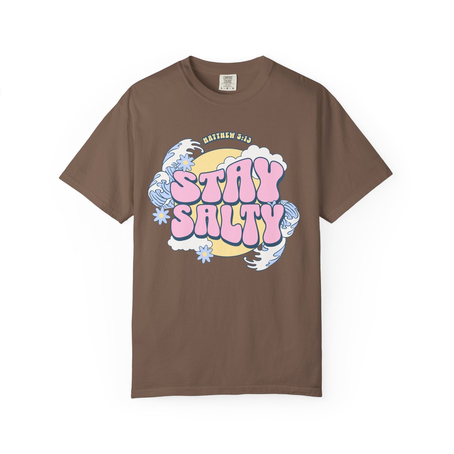 T-shirt with wavy font Stay Salty Matthew 5:13 text in pink bubble letters with ocean waves and flowers