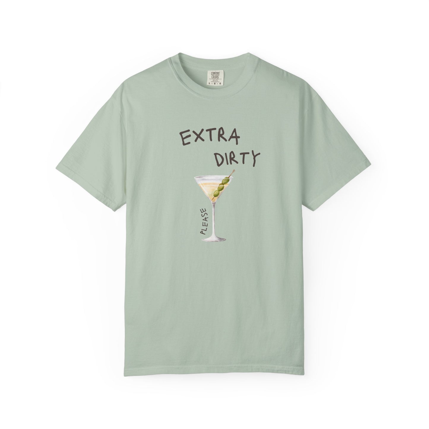 T-shirt design with martini glass filled with clear liquid and three green olives on a pick