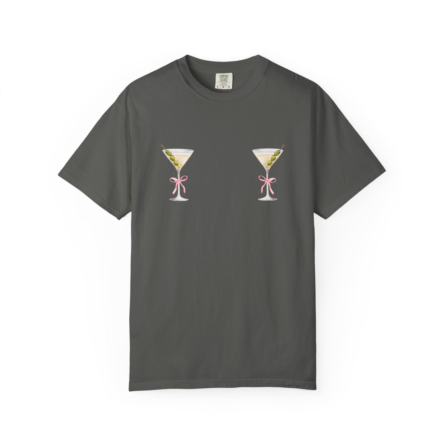 T-shirt design with two martini glasses containing olives and pink bow details creating a humorous cocktail theme