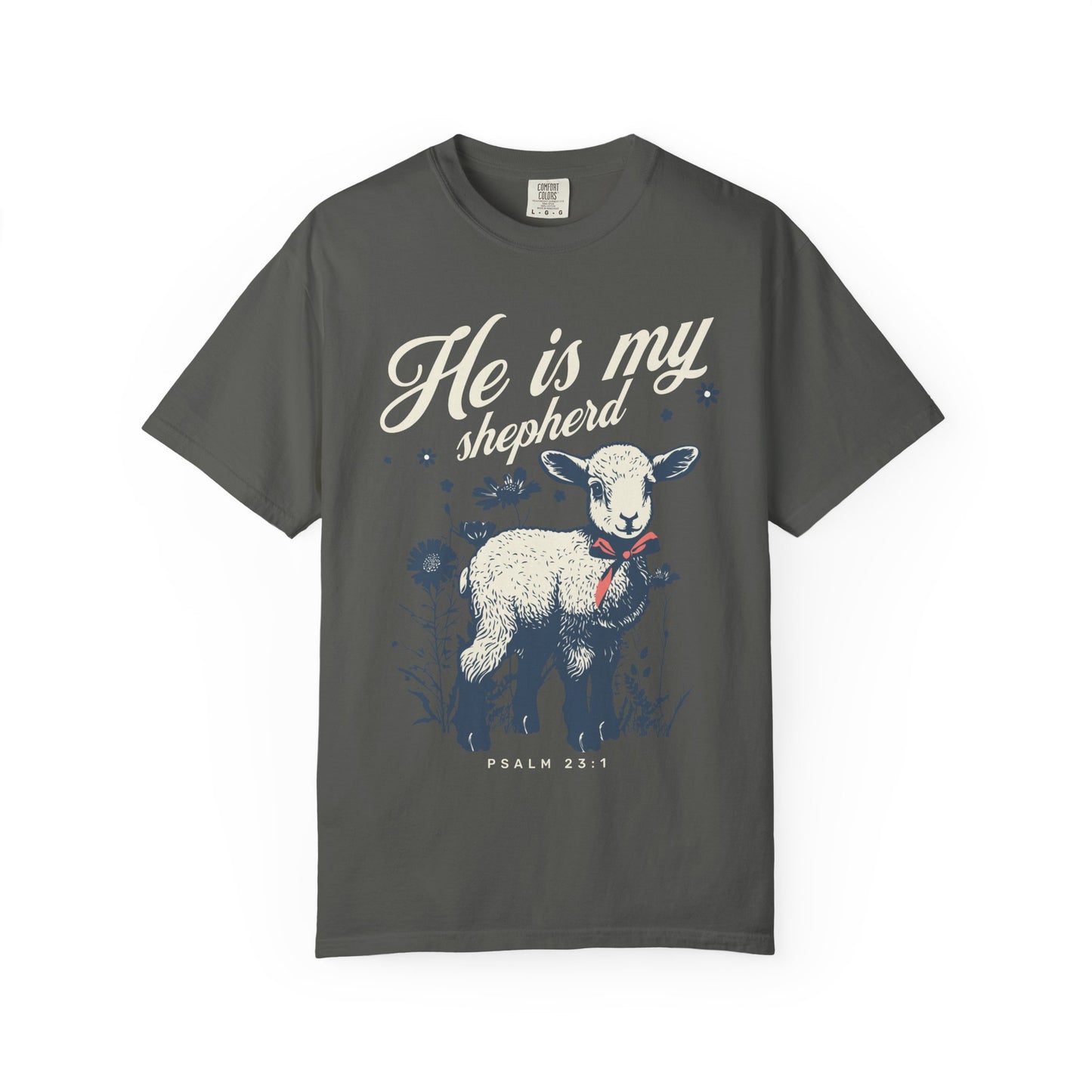 Christian t-shirt featuring adorable lamb with wildflowers and 'He Is My Shepherd' text in teal