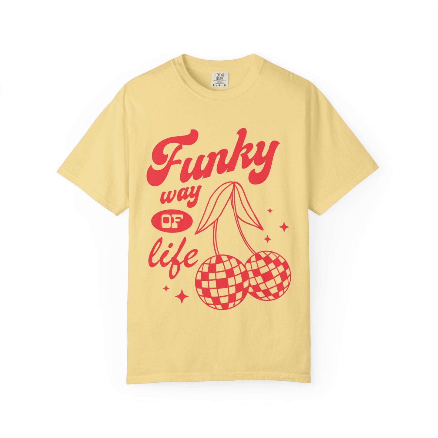 T-shirt with red retro cherry design featuring checkered disco ball cherries and funky typography