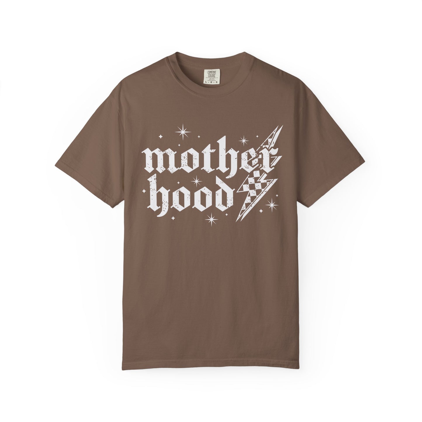 T-shirt with gothic Mother Hood text, lightning bolt graphics, and checkerboard pattern elements