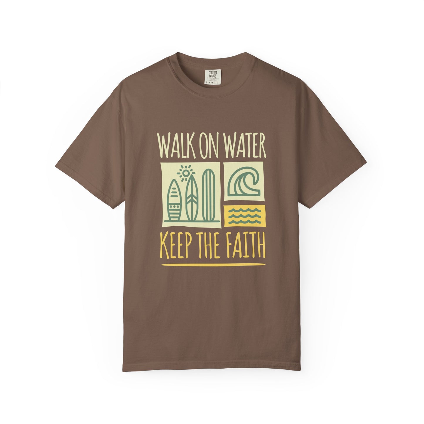 T-shirt with yellow Walk On Water Keep The Faith text, retro surfboard graphics and teal wave designs