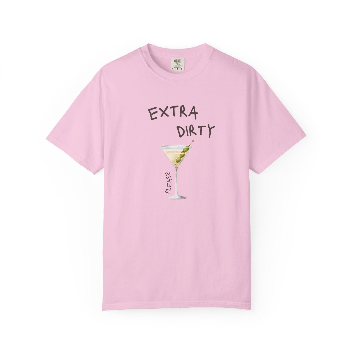 T-shirt design with martini glass filled with clear liquid and three green olives on a pick