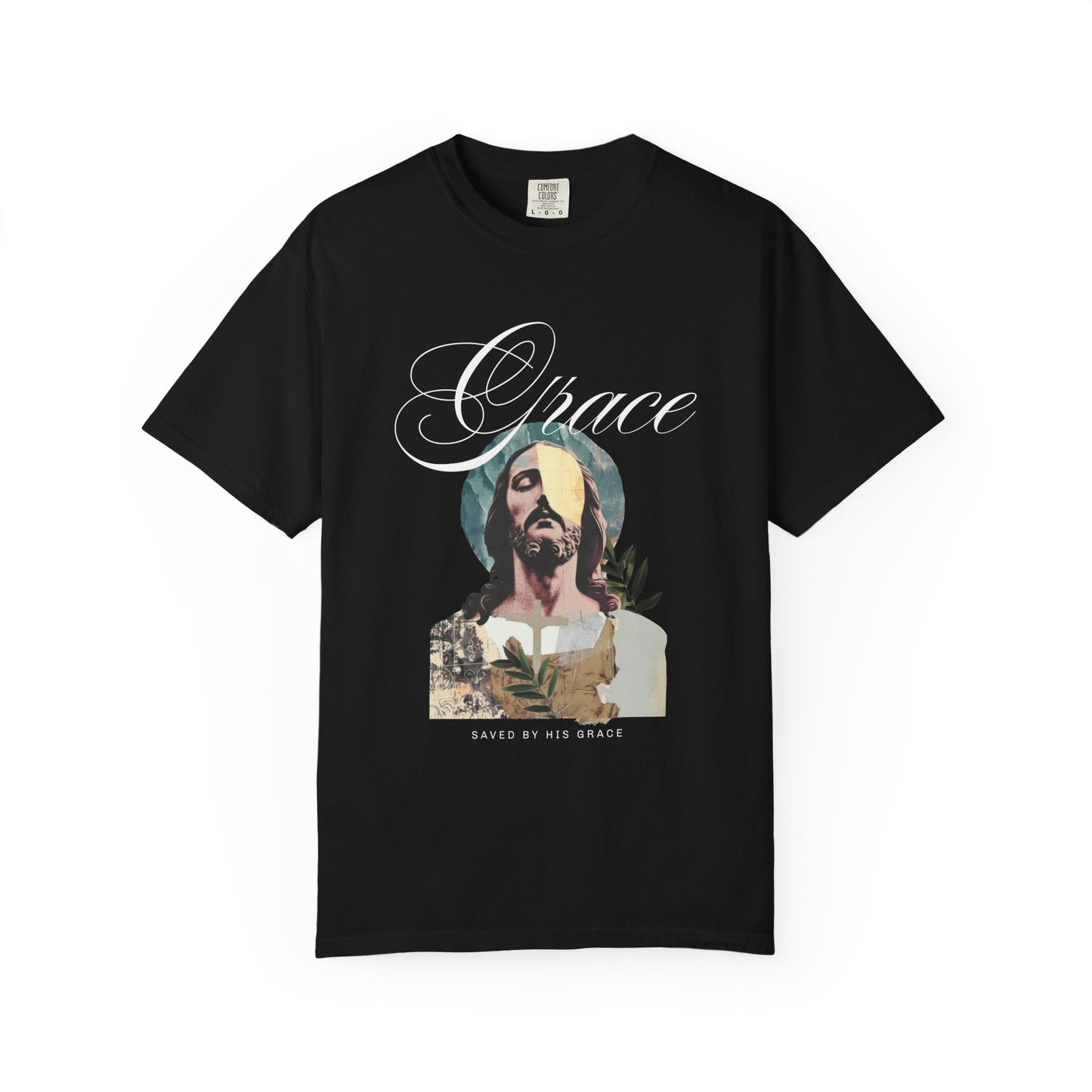 Christian t-shirt featuring artistic Jesus portrait with Grace text and cross design in vintage style