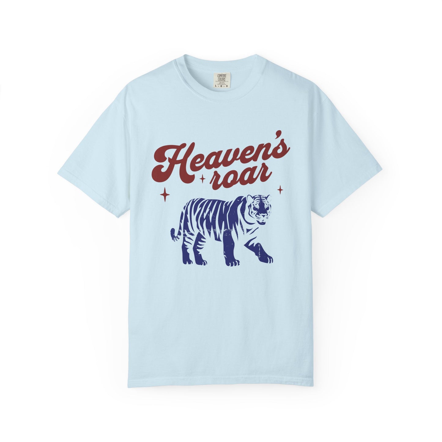 T-shirt with retro Heaven's roar text in red and blue tiger graphic design