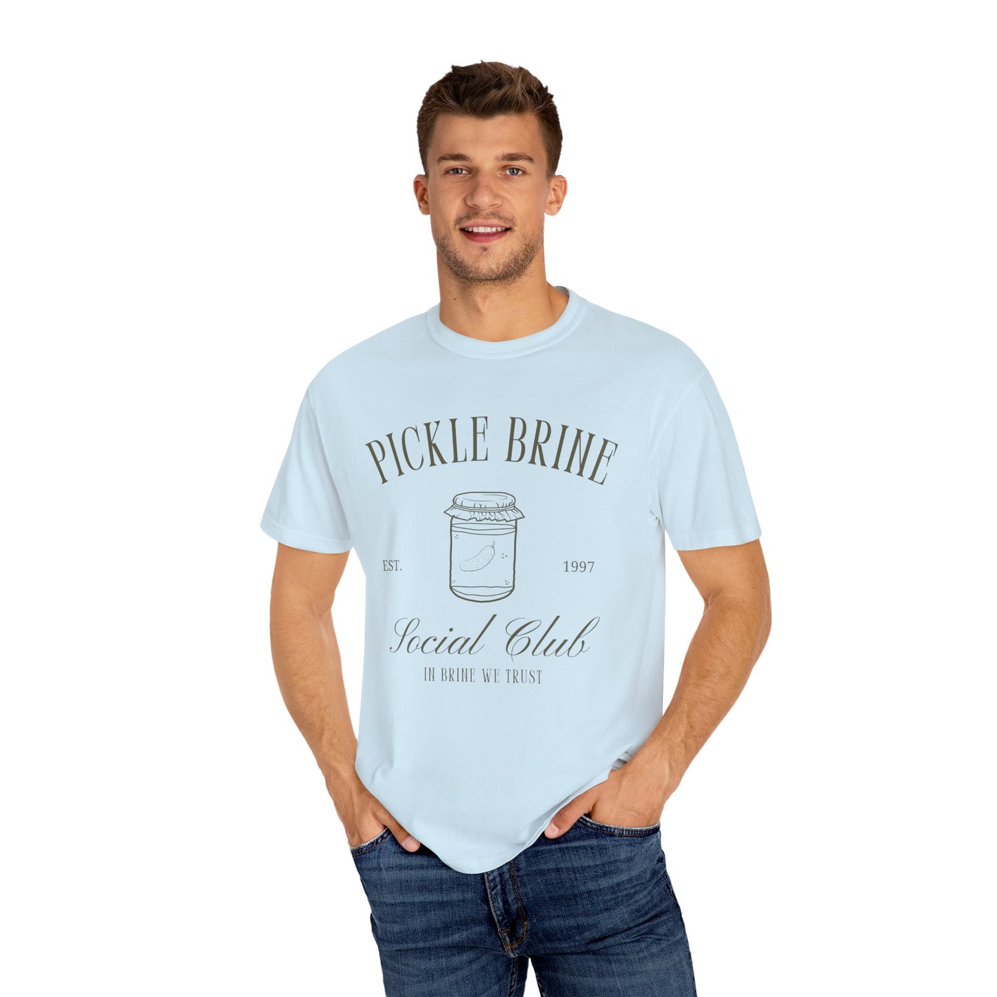 T-shirt with vintage pickle brine social club design featuring mason jar with pickle illustration
