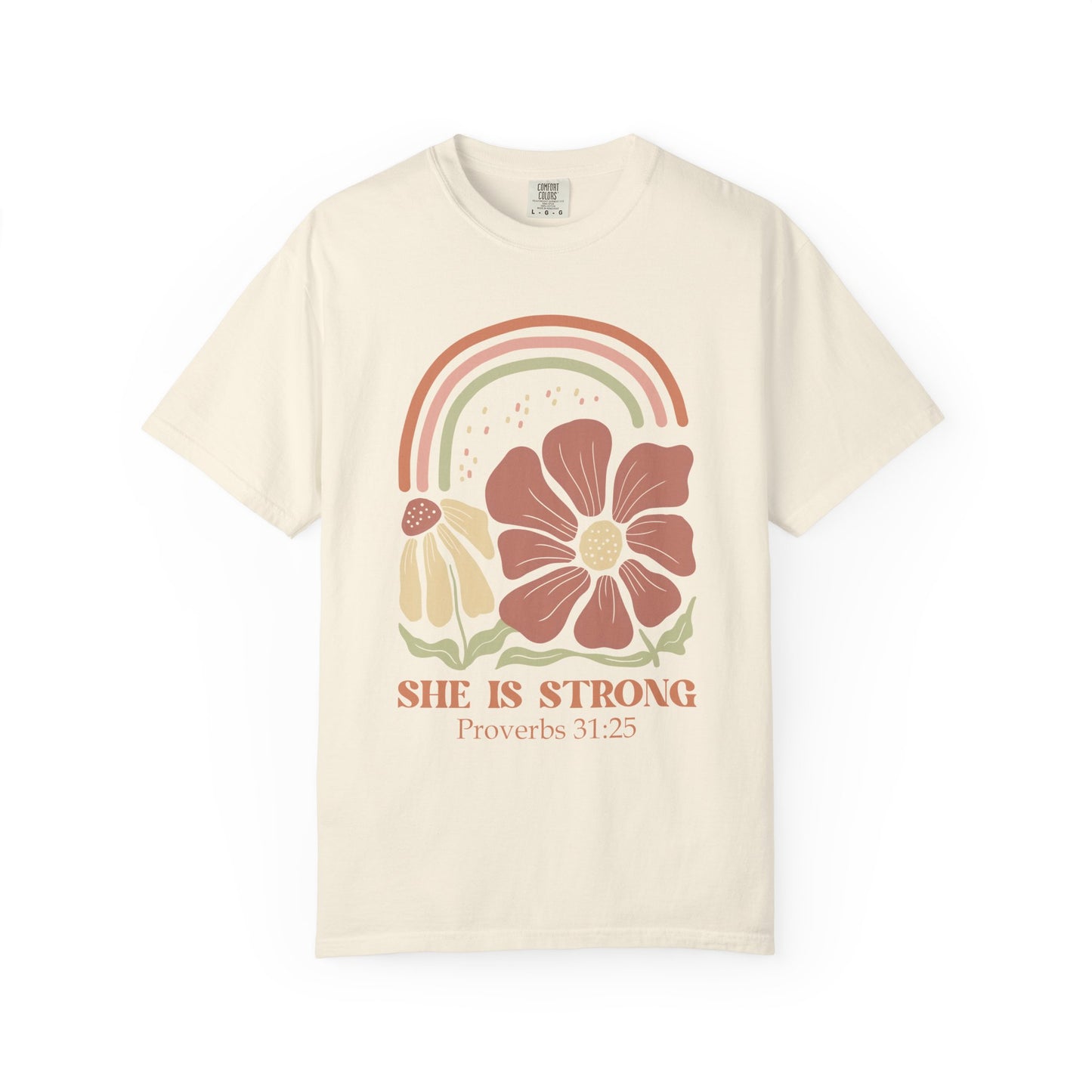 T-shirt with boho rainbow, terracotta and cream flowers, and 'She Is Strong Proverbs 31:25' text