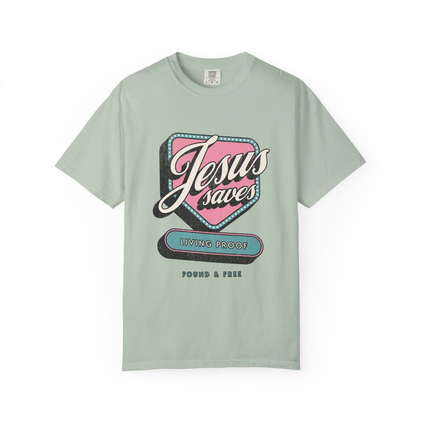 T-shirt with retro Jesus Saves design in pink and blue with distressed vintage styling